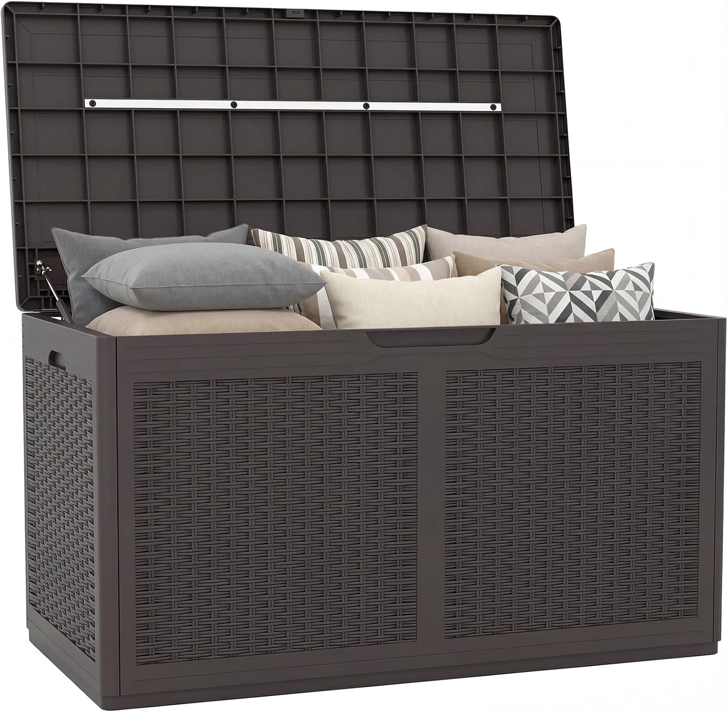 Tangkula 100 Gallon Outdoor Storage Box, Lockable Outdoor Storage Bench with 2 Smooth Wheels, Faux Rattan Surface, Waterproof Resin Deck Box for Outside Poolside Patio Garden (Brown)