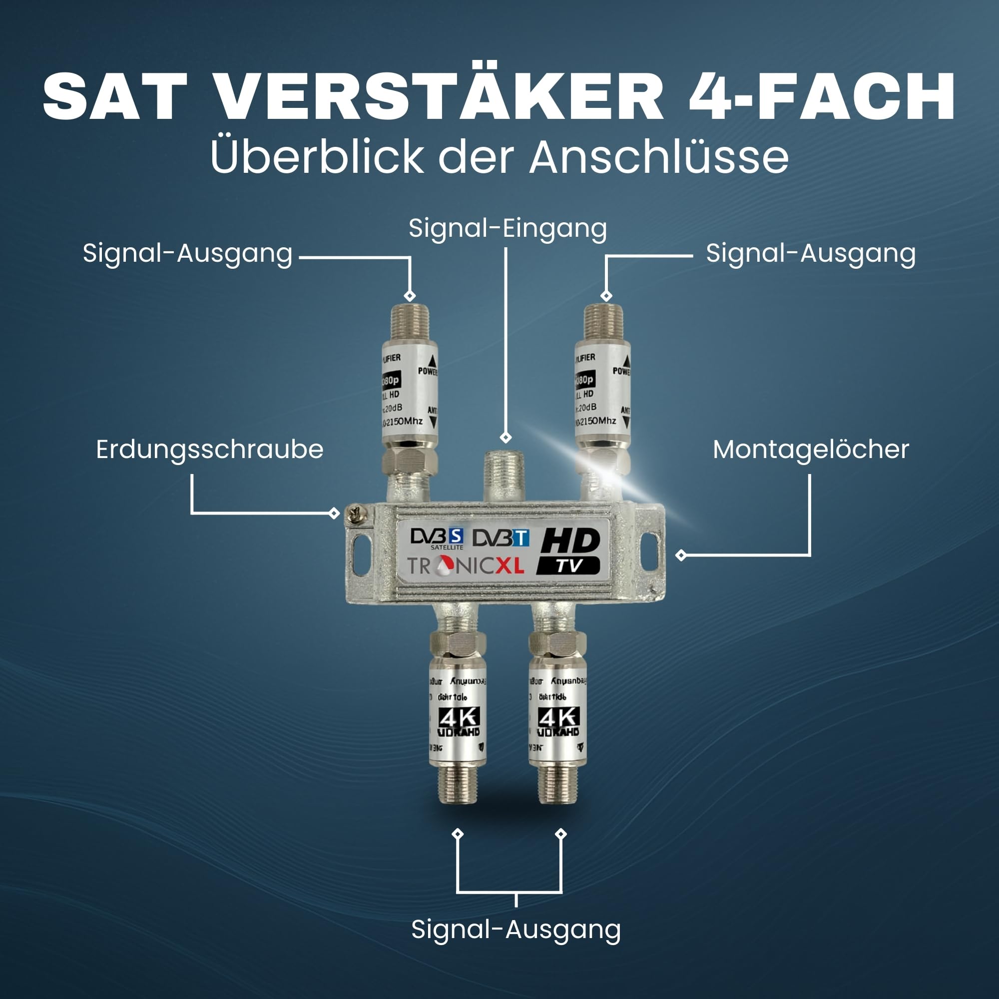 TronicXL Splitter satellitare a 4 vie da 80 dB, amplificatore per antenna, morbido DVB-S2 DVB-T2, con amplificatore per antenna per amplificatore di segnale 3D 4K HDTV per una buona ricezione