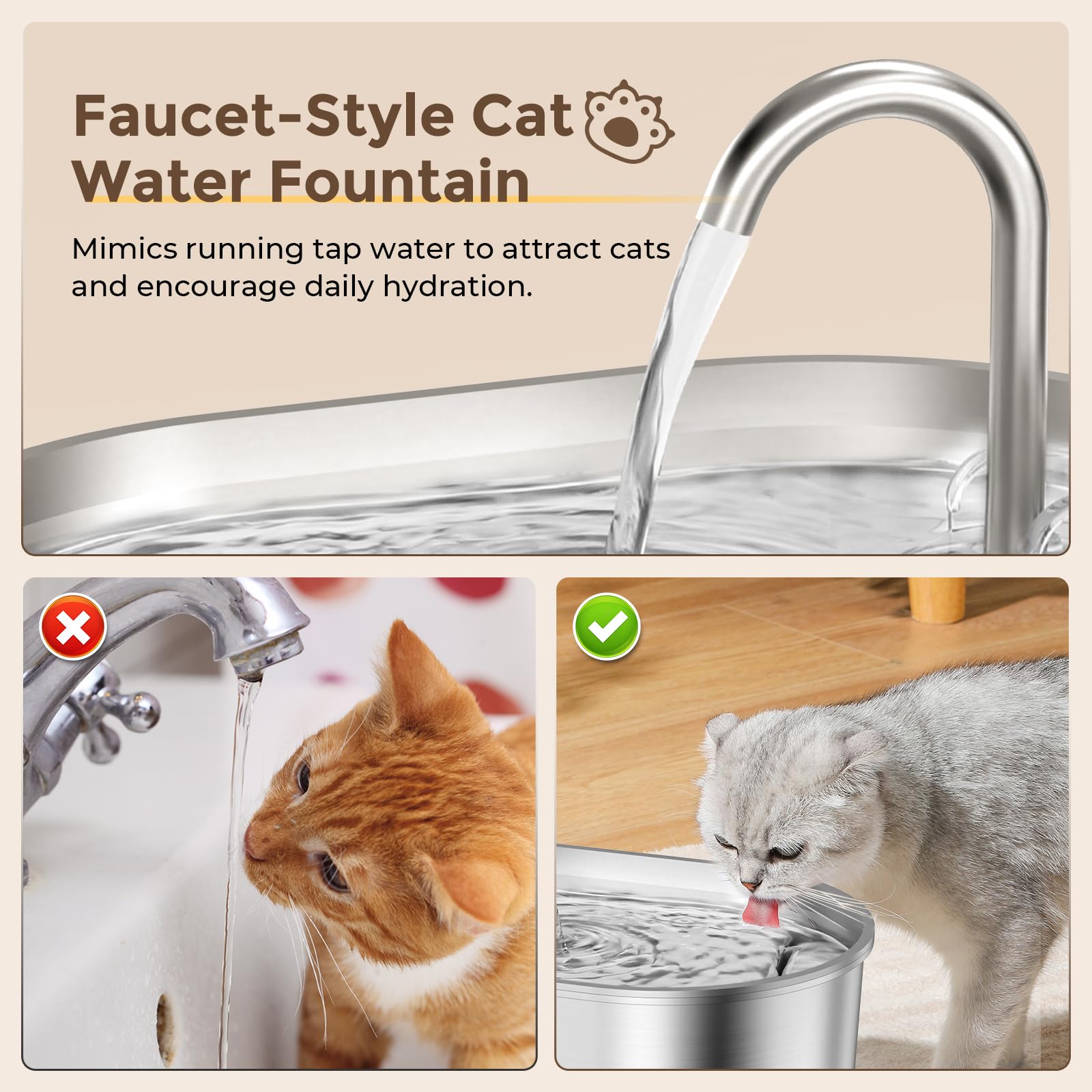 Invengo MeowFlow B30 Cat Water Fountain for Drinking 2.2L Stainless Steel Pet Water Fountain with Visible Water Window - Image 2
