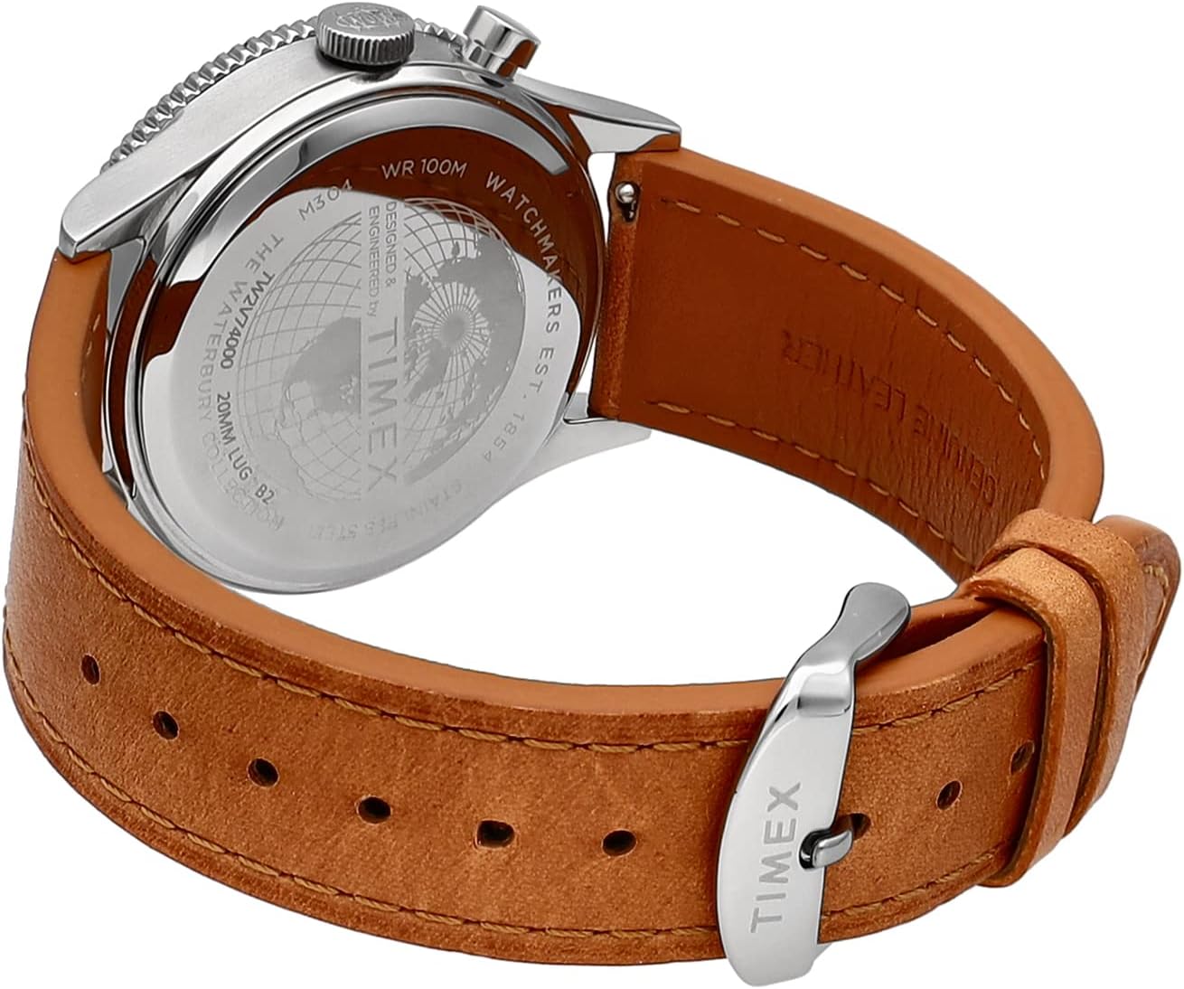 belakang bersudut view of the watch, showing the case back and strap attachment