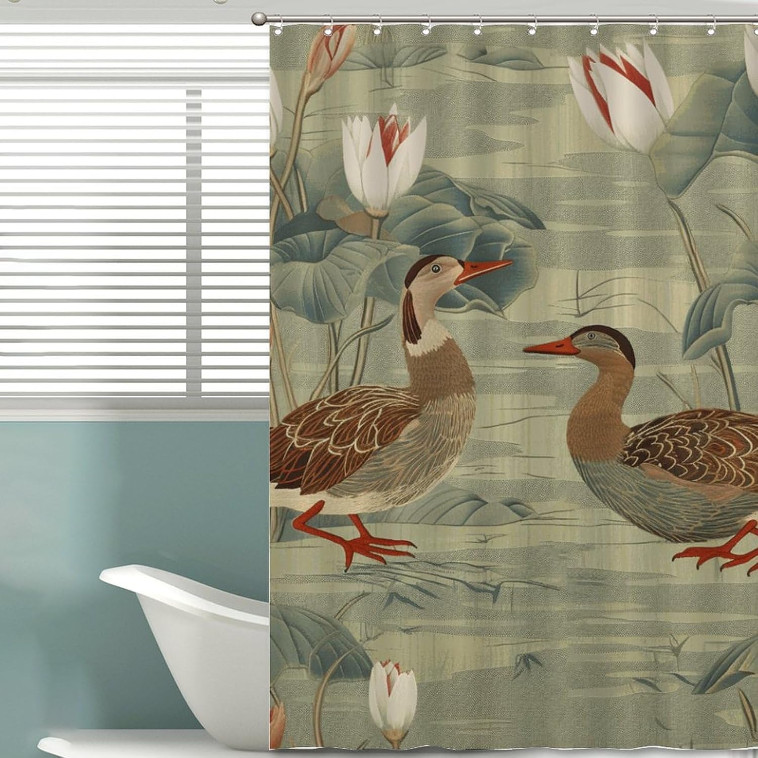 Bantam Duck Lotus Garden Shower Curtain Set with Hooks Chinoiserie Style Shower Curtain Asian Inspired Shower Curtains Bathroom Decor Polyester Fabric Shower Curtains with Holes