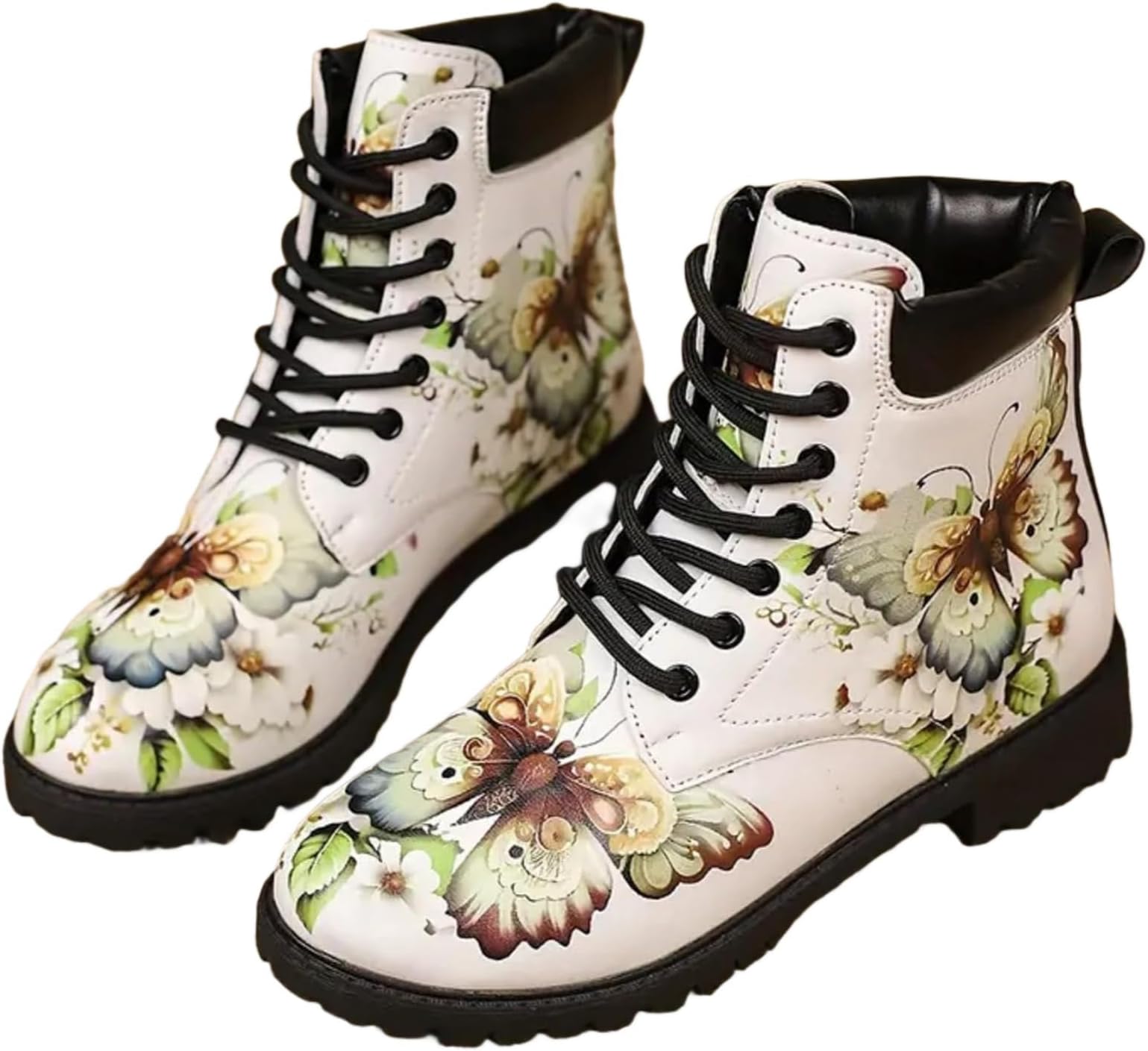 Women's Lace-Up Combat Flat Ankle Boots Chunky Low Heel with Flower Platform Booties Retro Comfortable Walking Work Shoes with Arch Support