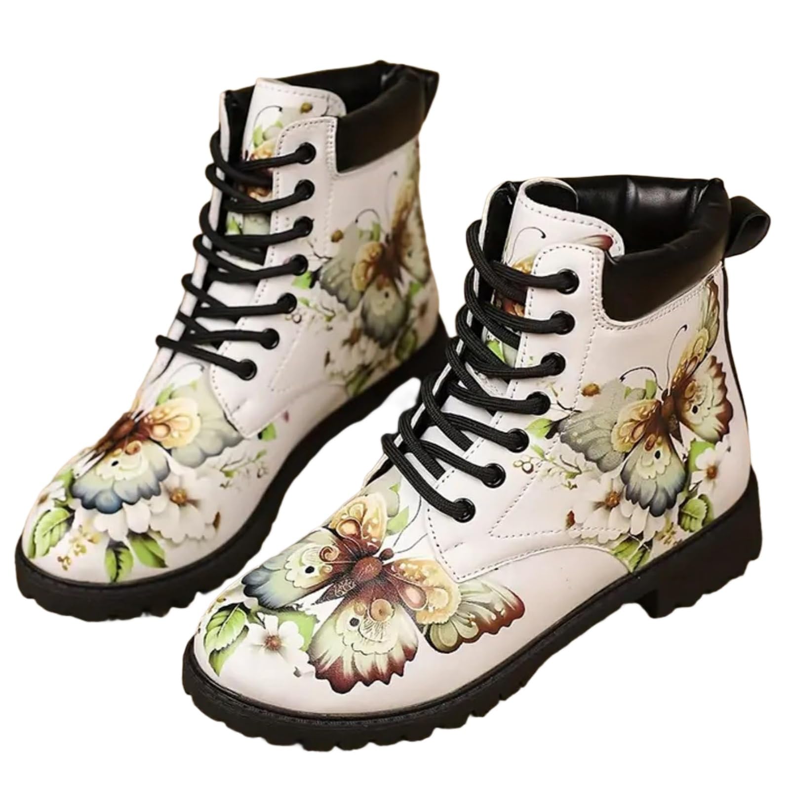 Women's Lace-Up Combat Flat Ankle Boots Chunky Low Heel with Flower Platform Booties Retro Comfortable Walking Work Shoes with Arch Support
