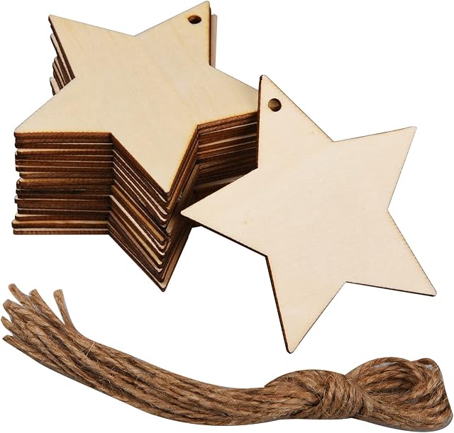 20 Pieces Star Rustic Wooden Bauble Hanging Décor Natural Wooden Star Shape Wooden Embellishments for Christmas Wedding Party Bunting Decoration (Star)