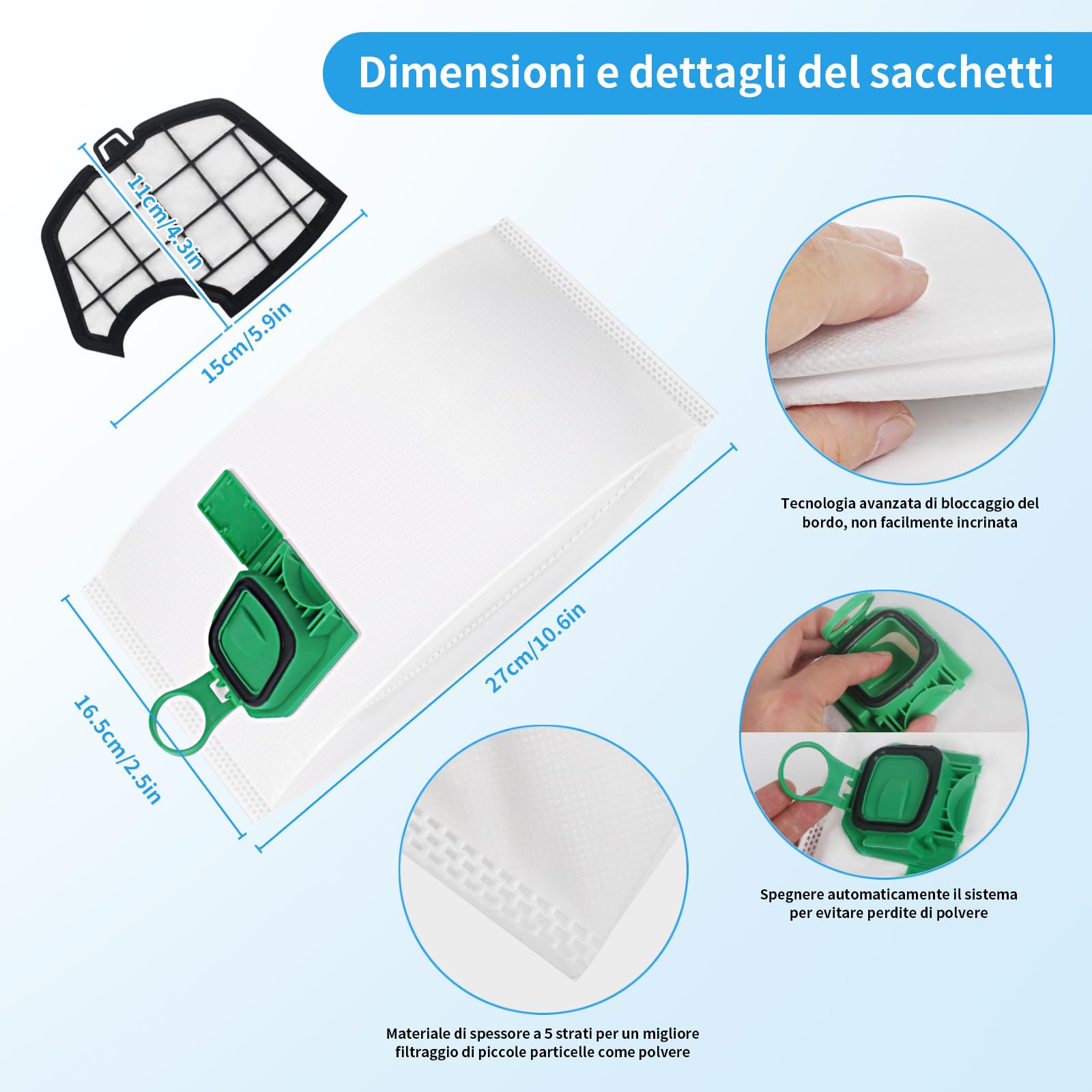 Arcets Kit 12 Sacchetti Compatibile Per Folletto VK200 VK220S FP 220 FP 220S | 12 Sacchetti Aspirapolvere Microfibra A 5 Strati Con 2 Filtro Motore E Spazzolino