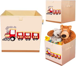 Washable Toy Box Storage Cube, Canvas Toy Chest Organizer Foldable Kids Toy Storage Organizers for Child's Bedroom or Playroom -13x13x13 Inch (Train)