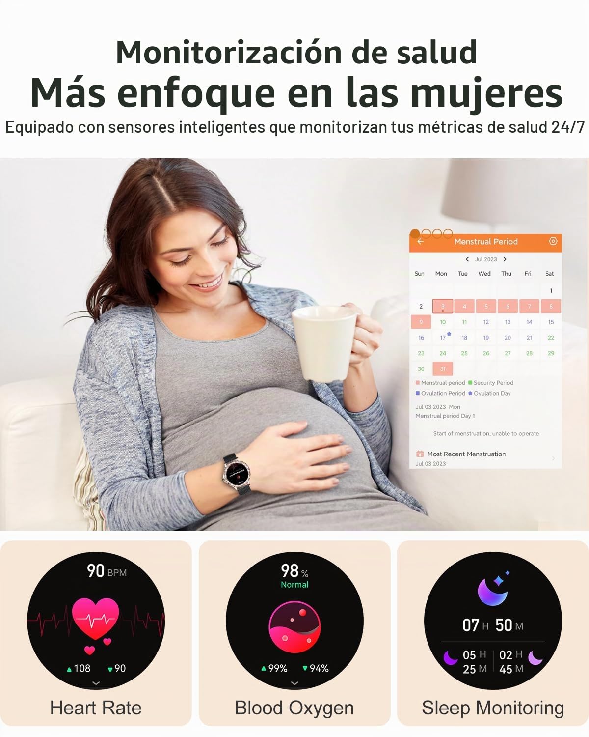 Reloj Inteligente Mujer con Llamadas, 1.3" HD Smartwatch Mujer Redondo con 2 Correas, Función Femenina, Monitor Sueño, SpO2, Caloría, Pulsómetro, IP68 Relojes Inteligentes para Android iOS, Negro
