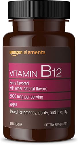 Miniatura 2 de Amazon Elements Vitamina B12 Metilcobalamina 5000 mcg, 65 pastillas con sabor a bayas, suministro para 2 meses y hierro 18 mg, vegano, 195 cápsulas,