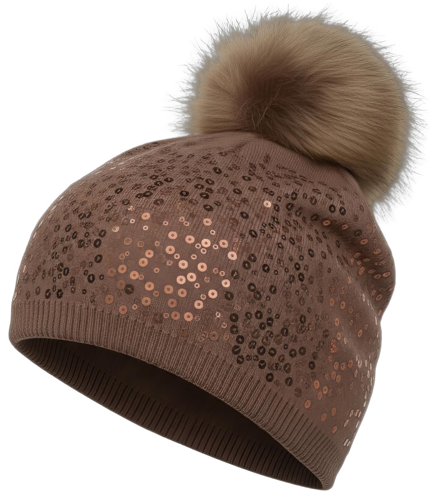 styleBREAKER fine-Knit Bobble hat with Sequins and Detachable Synthetic Fur pom-pom, Fur pom-pom Beanie, Ladies 04024134, Colour:Brown