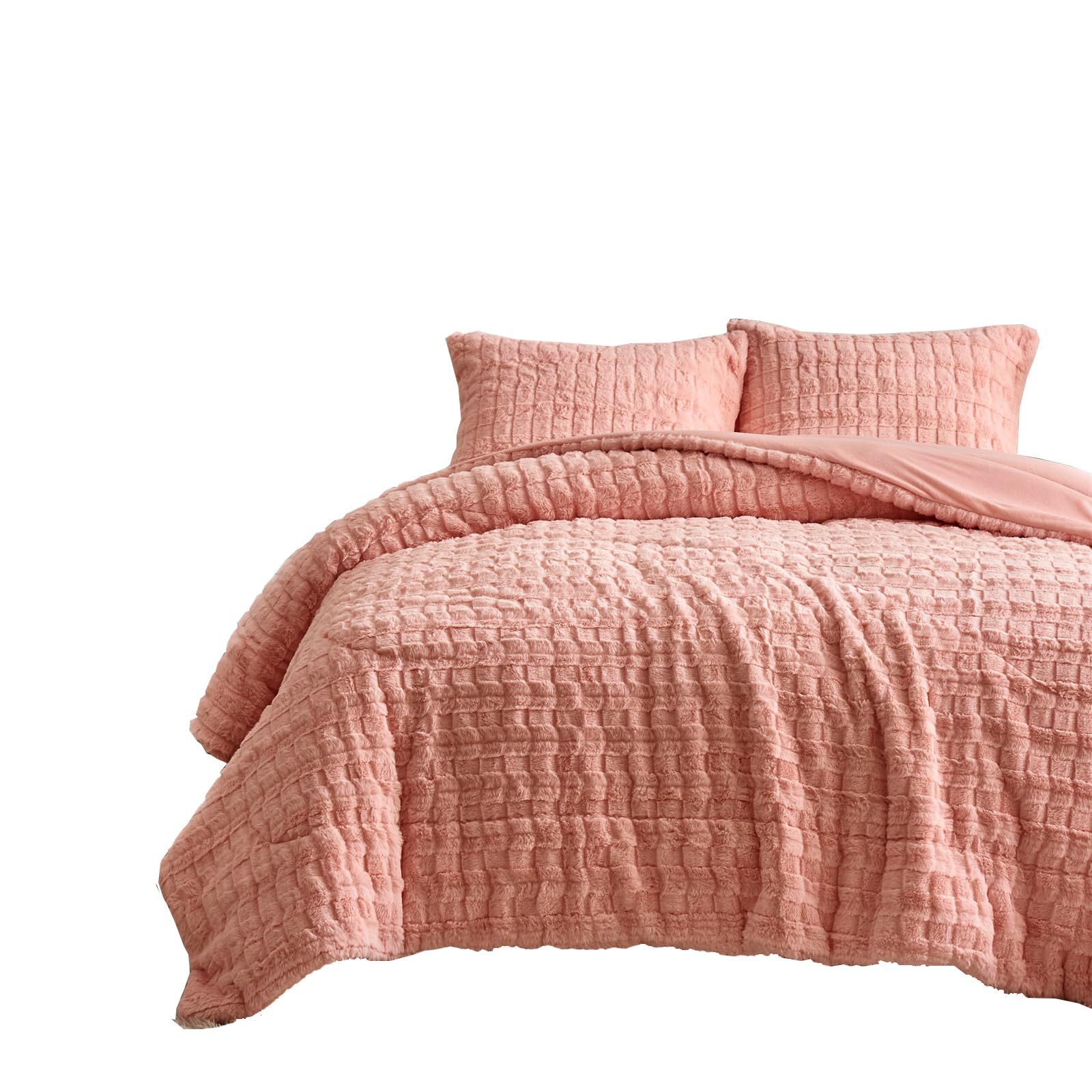 Parure de lit double rose en fausse fourrure à poils longs Wajade avec 2 taies
