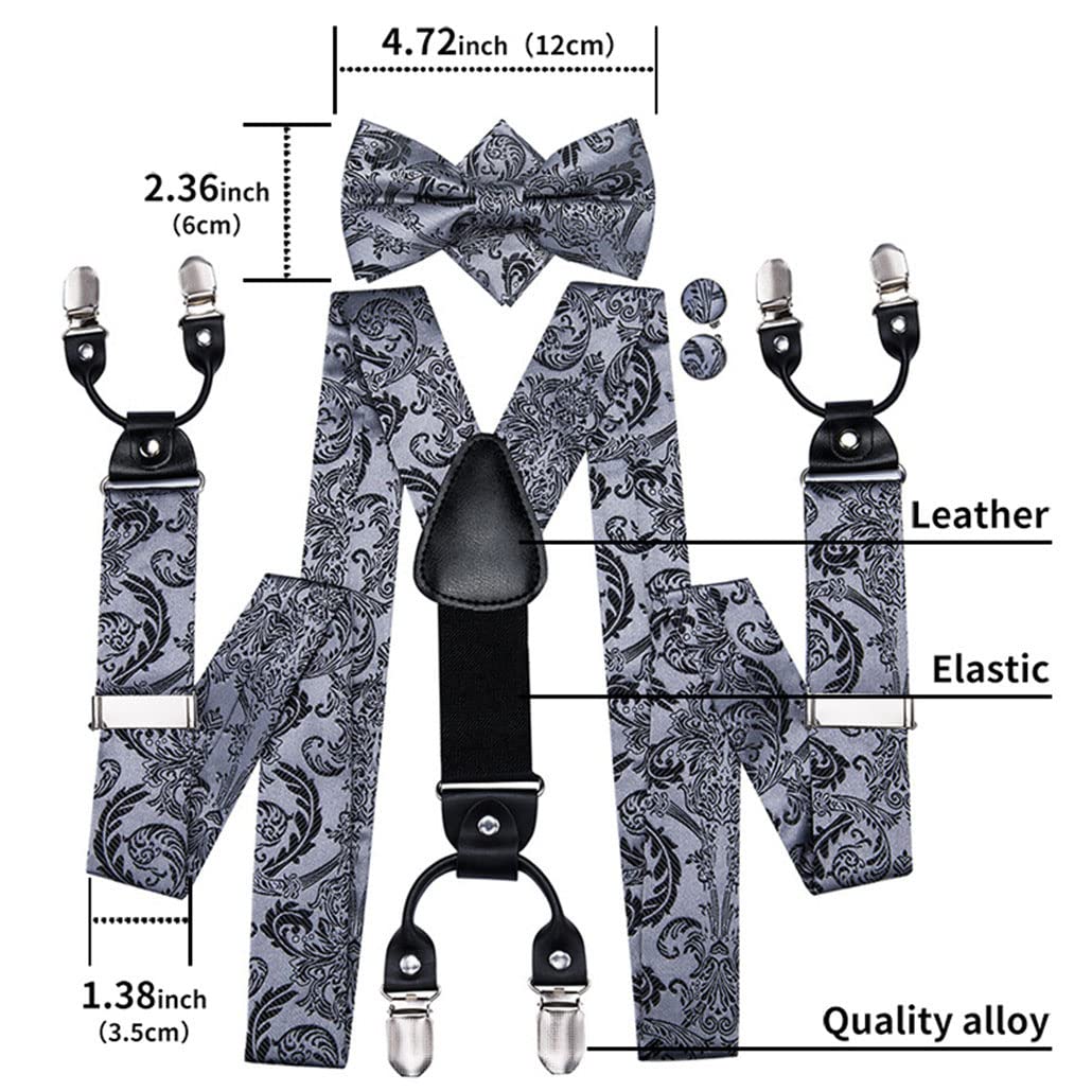 keusyoi Vintage Seide Herren Strapse Set Gold Floral Strapse und Fliege Set Leder Metall 6 Clips Strapse Hosenträger