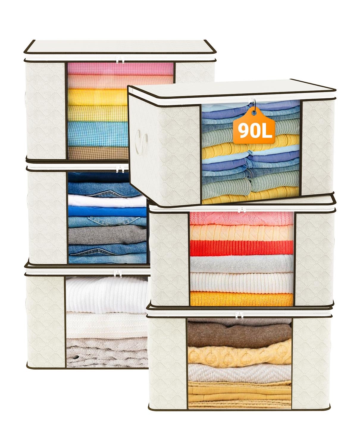 KALAHOL 90L Large Capacity Clothes Storage Bags with Zips, Storage Boxes with Lids, Reinforced Handle, Foldable, Thick Fabric, for Clothes, Comforters, Blankets, Bedding, 6 Pack, Beige
