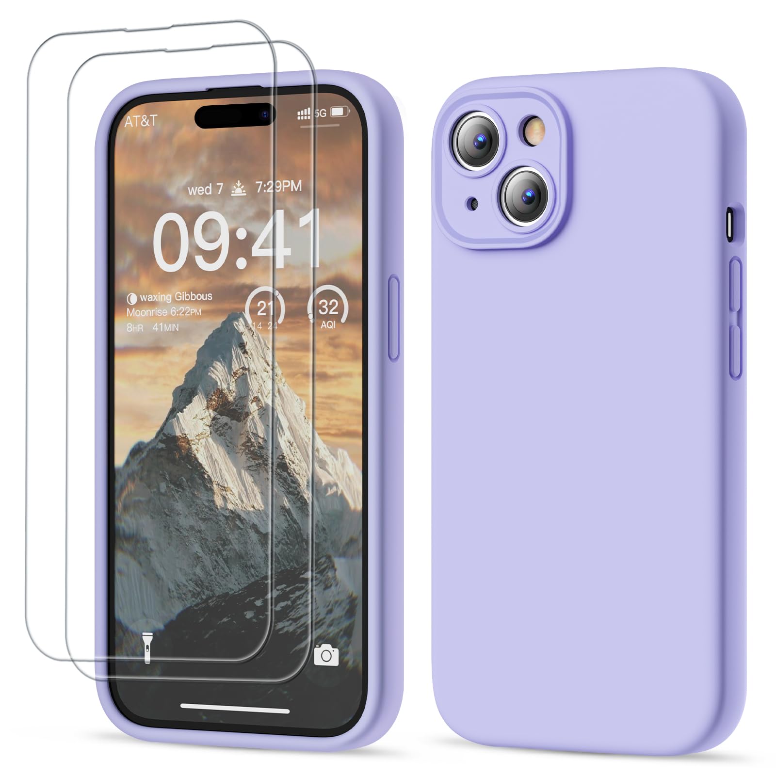 GOODVISH 3 in 1 Silicone Cover per iPhone 15 6.1" (2023), Custodia con 2 Pellicola Protettiva, Case per Cellulare Ultra Sottile Antiurto Resistente [Protezione Fotocamera], Viola