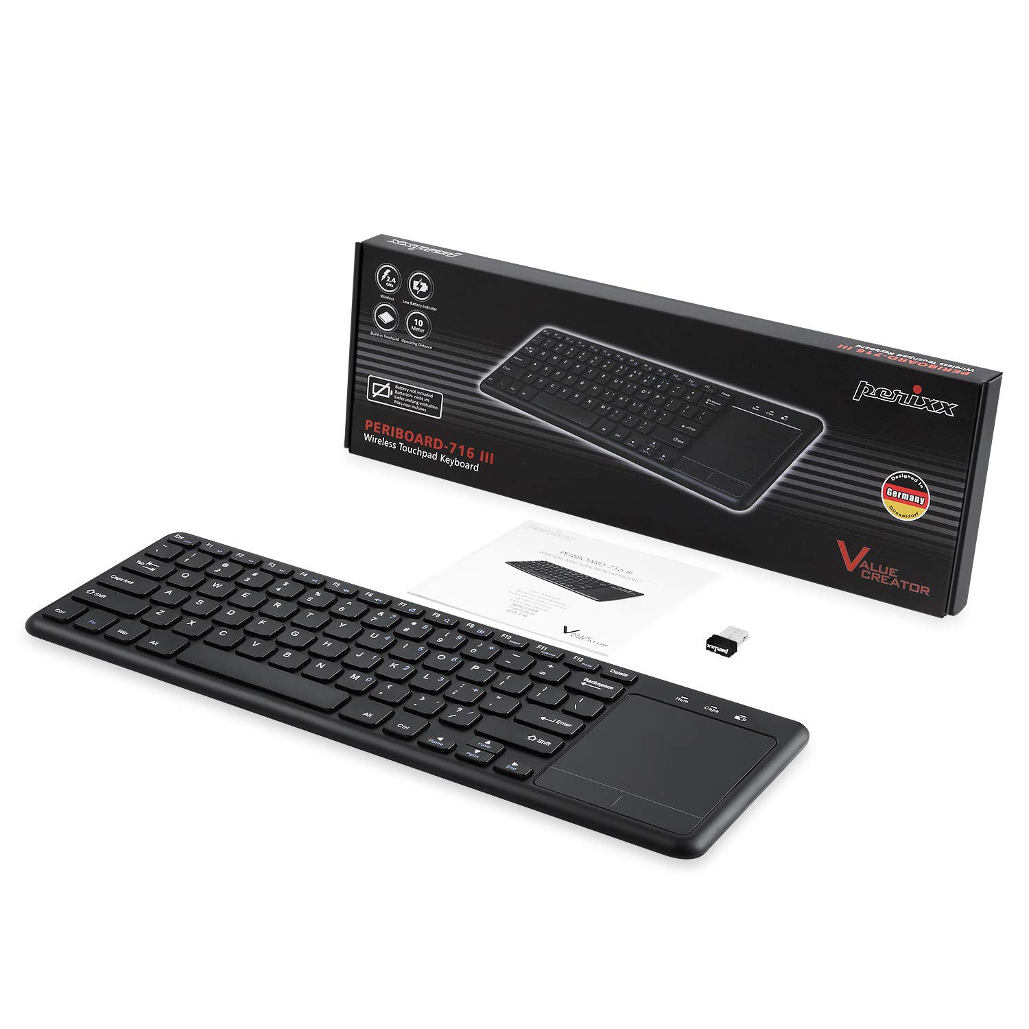 Perixx PERIBOARD-716 bezprzewodowa klawiatura z touchpadem, klawisze nożycowe, czarna, US QWERTY