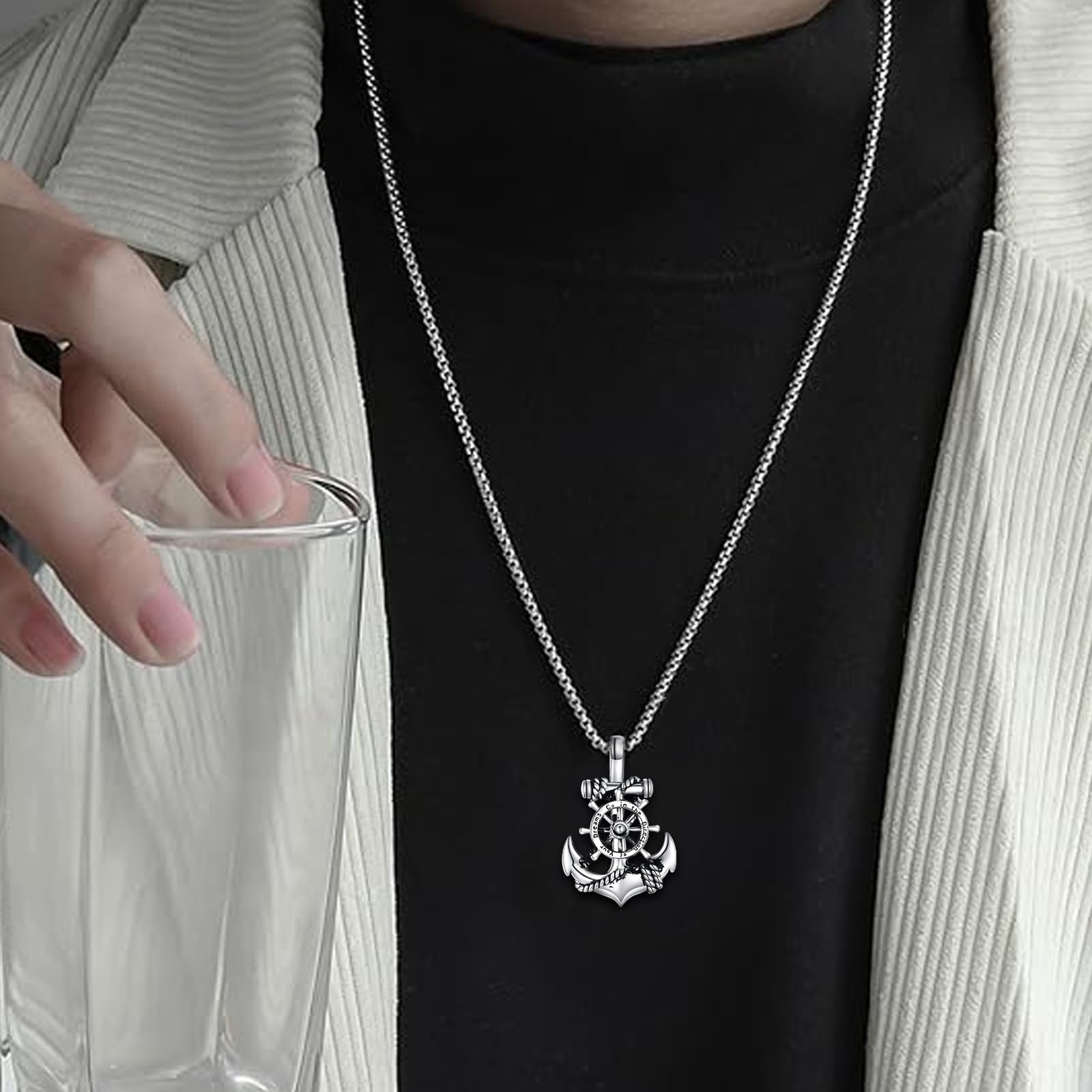 POPLYKE Collana con ancora per uomo e donna, regalo per lui, 20 + 2 pollici