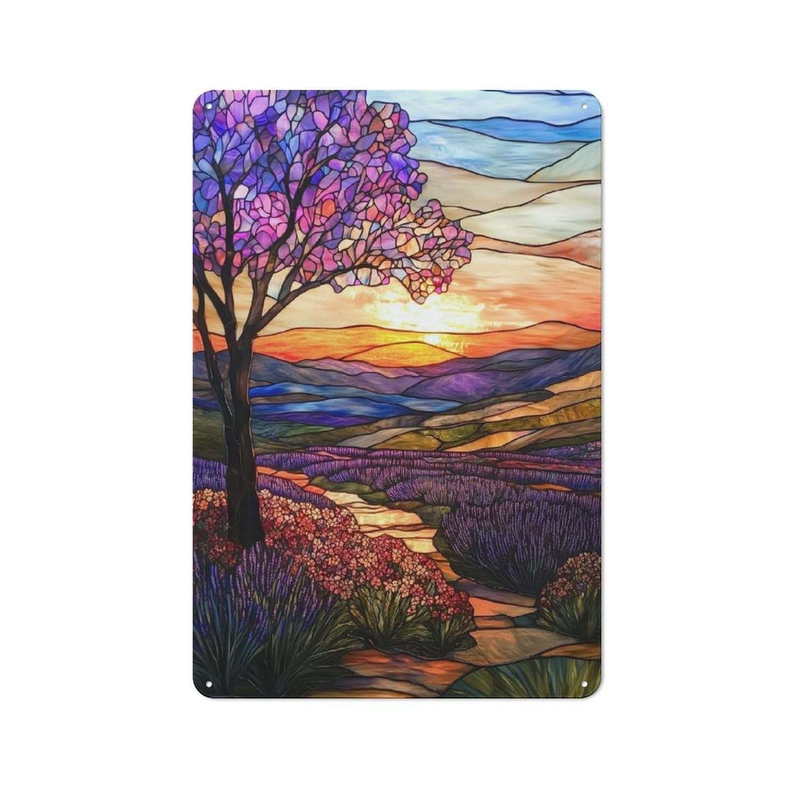 Junmoney Style-22 Retro-Style Tin Sign 30X20cm Featuring Stained Glass Sunset Landscape For Hallway Wall, For Garage, Workshop And Man Cave Decoration