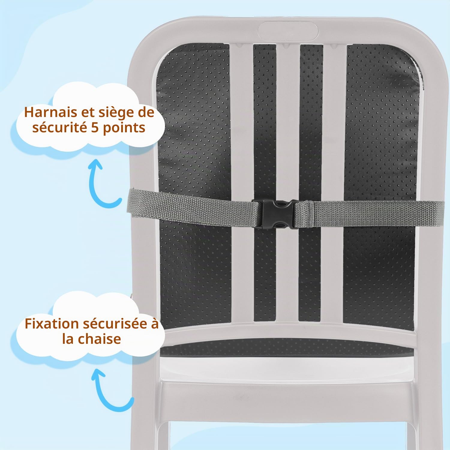 Rehausseur de chaise pour enfant, harnais à 5 points, pliable, coussin d'assise portable avec dossier, imperméable et facile à nettoyer, sac de rangement inclus, gris