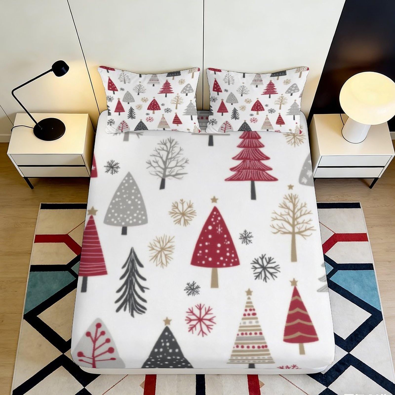 Pnayamiorkfel Style-1 3D Printed Christmas Tree Fitted Sheet Microfiber Soft Red Grey Gold Snowflake Bed Cover For Bedroom Dorm Decor 90X200x25cm