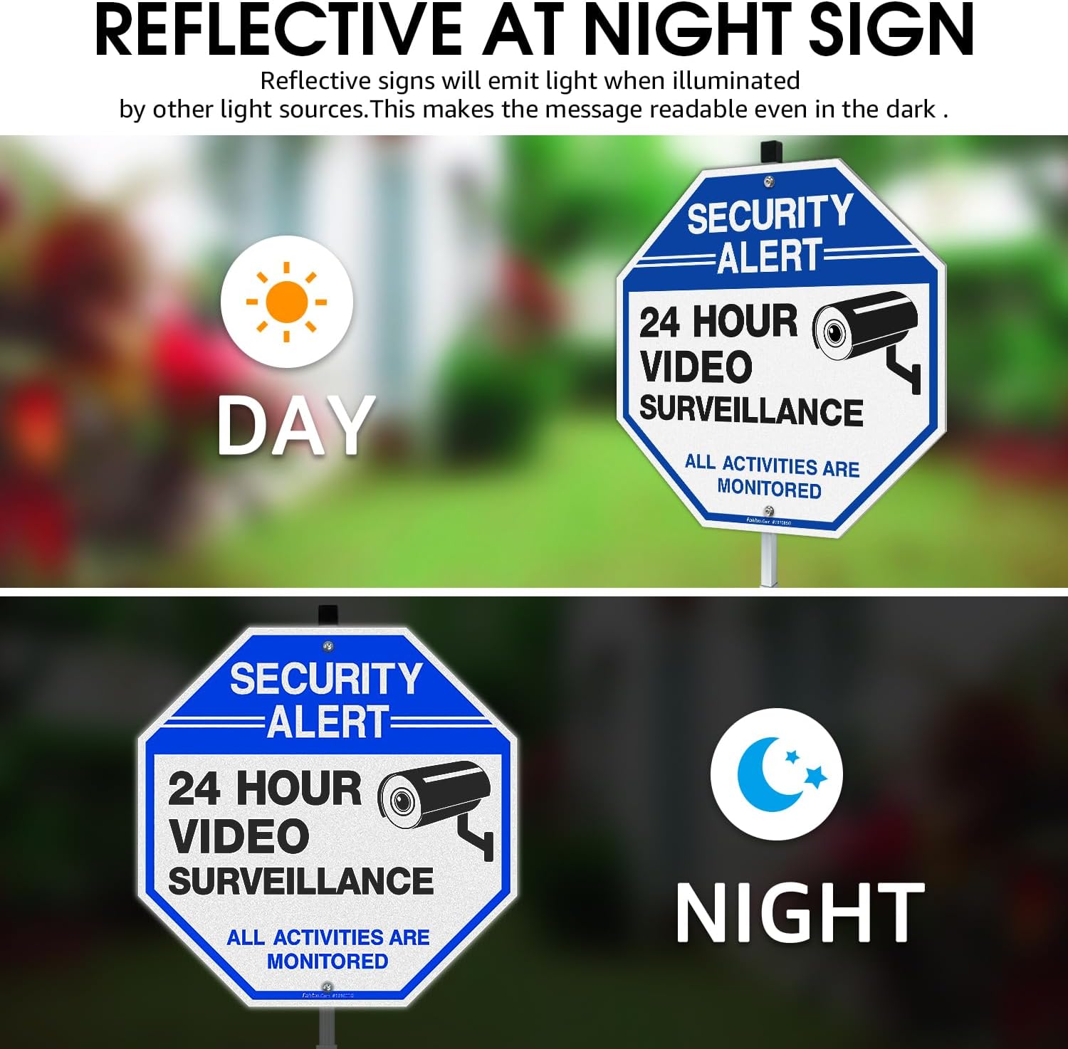 Faittoo Security Sign Video Surveillance Sign with 42" Stake, 4-Pack 10"x10" Rust Free Heavy Aluminum, Reflective, Fade Resistant, 2 Pre-drilled Holes, Includes Matching Screws & Wrench