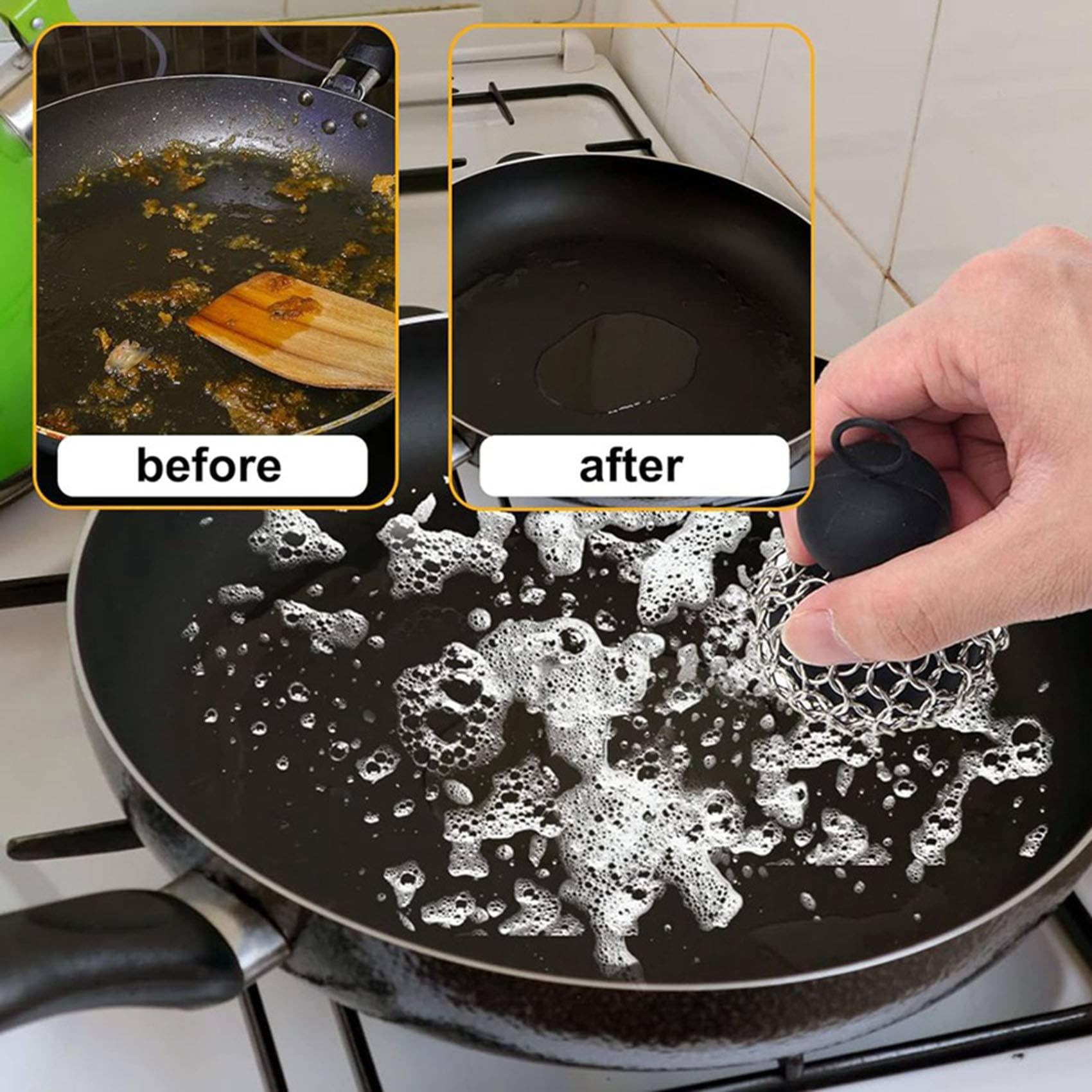 Tassteen 2X Cast Iron Cleaner Chainmail Scrubber, Upgraded Handle Cast Iron Scrubber Brush 316 Chain Mail Scrubber