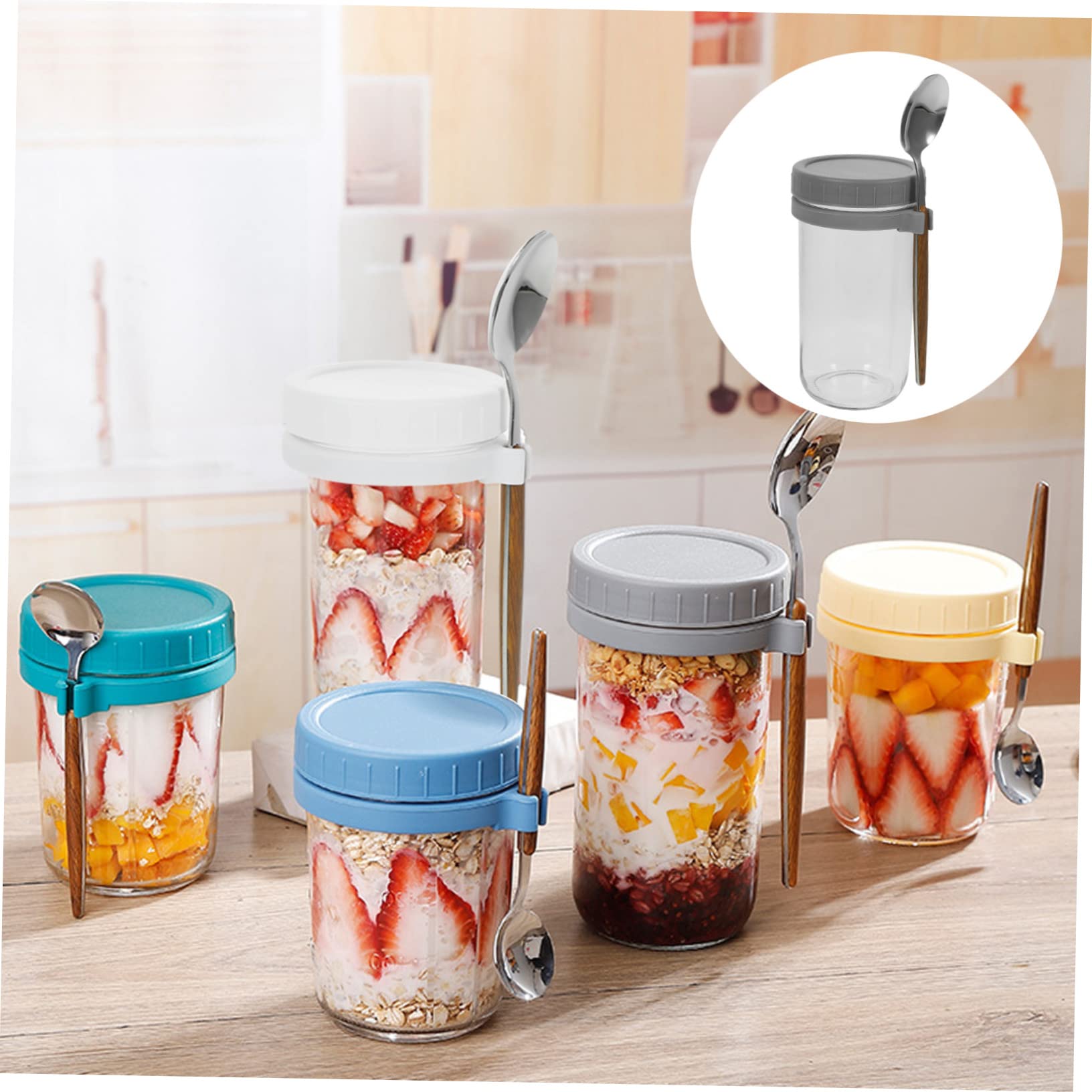 DECHOUS Vasetto per Porridge Anti-perdita 600ml, Set 2 Pezzi | Cucchiai, Vetro Sodocalcico e Coperchio, Bocca Ampia per Yogurt e Cereali, Facile da Portare