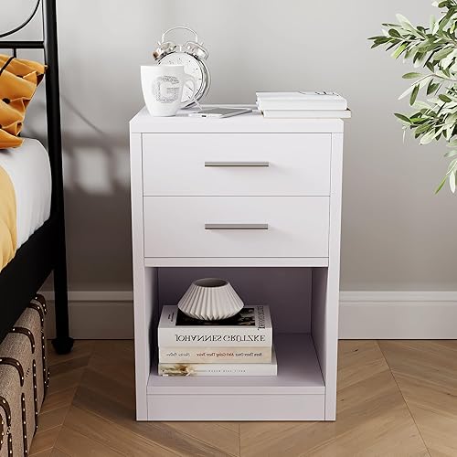 FARDLIFE Mesita de noche con 2 cajones, mesa auxiliar, mesita de noche para dormitorio, color blanco roto con un toque de rosa