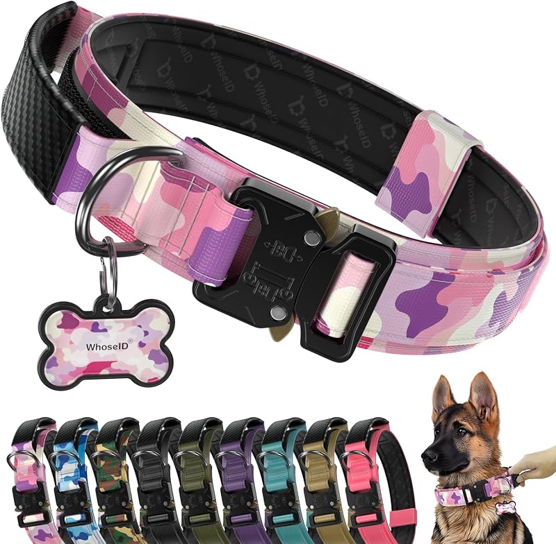 Coleira tática ajustável para cães com fivela metálica, acolchoamento e alça de controle WhoseID – C-TT01