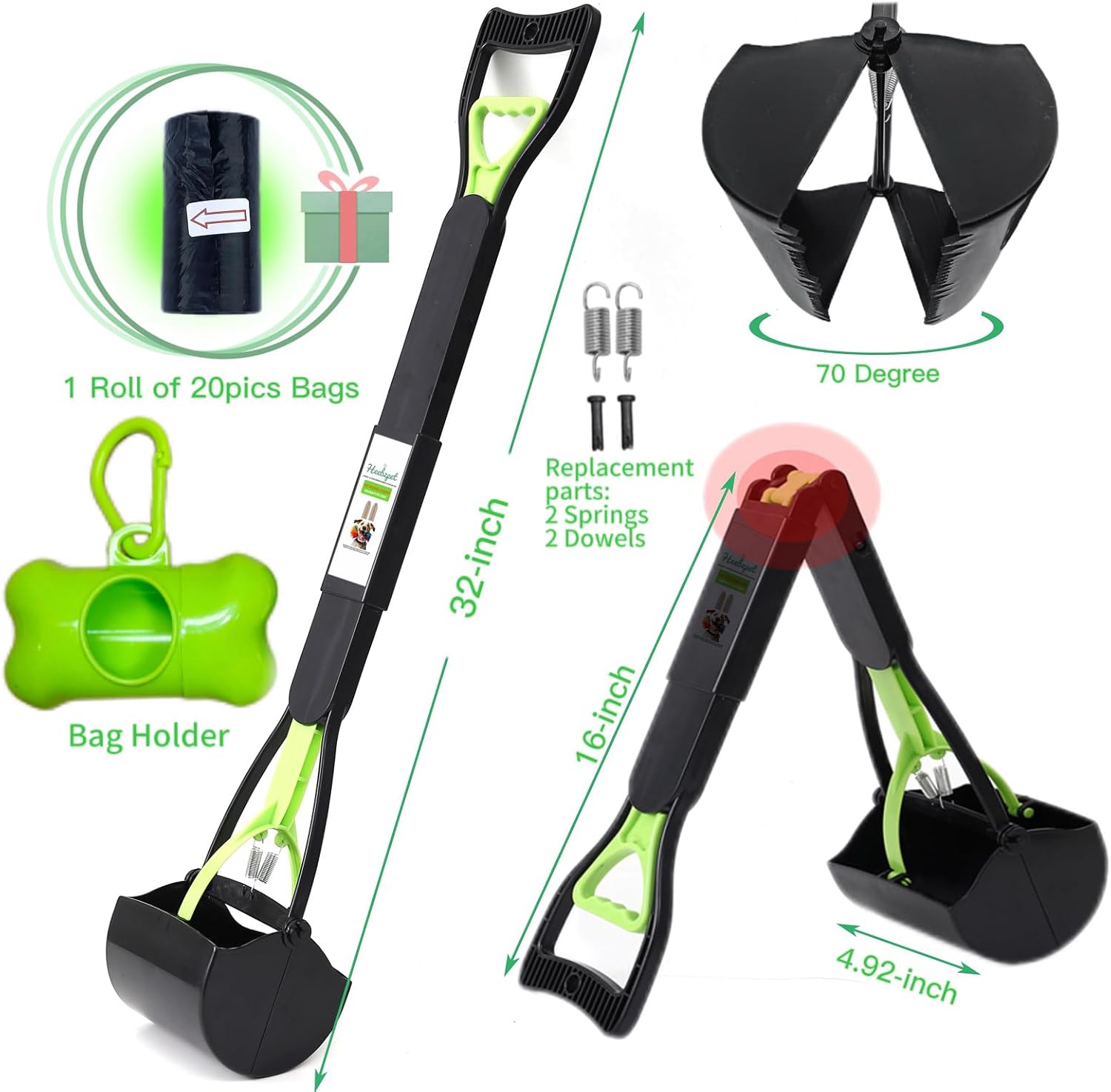32" Pooper Scooper for Large Small Dogs and Cats, Portable Long Handle Foldable Poop Scoop,Pooper Scooper for Large Dogs with Poop Bags for Grass and Gravel Pet Waste Pick Up