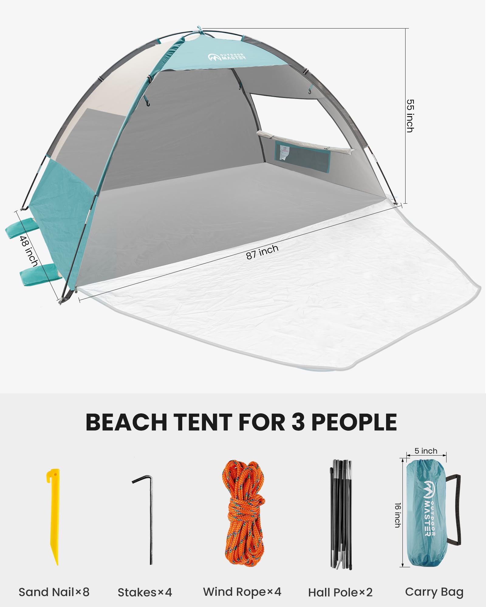 OutdoorMaster Tente de Plage pour 3 Personnes avec 2 Portes, abri Pare-Soleil Facile à Installer, auvent de Plage Portable avec Protection UV UPF 50+, Sol Extensible avec Sac de Transport