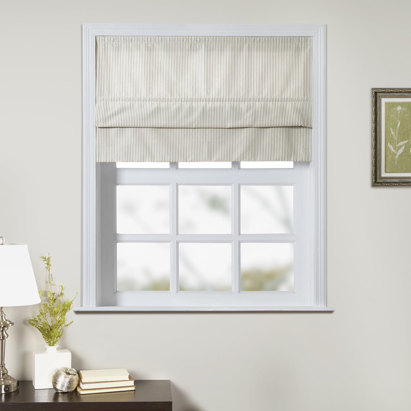 TWOPAGES Cordless Farmhouse Ticking Stripe Roman Shades Roman Blinds for Windows, Custom Made Light Filtering Blackout Blinds Washable Fabric Shades for French Door, Khaki Pinstripe, 1 Piece