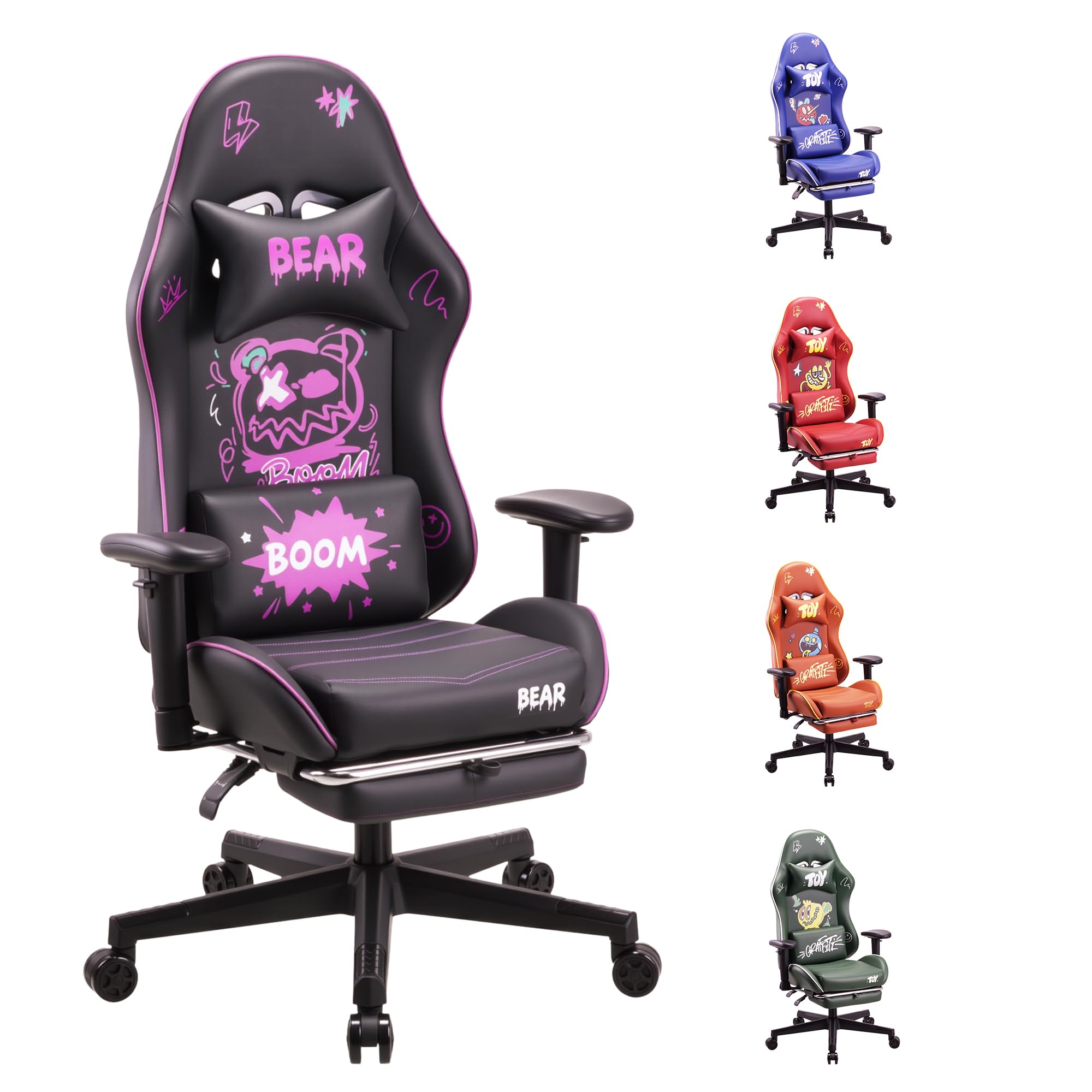 play haha Gaming Chair with Footrest, Ergonomic Reclining Gamer Chair with Adjustable Armrests, Faux Leather Computer Chair with Lumbar Support & Headrest, Swivel Desk Chair for Gaming Room Setup