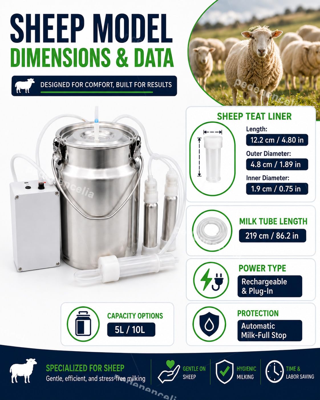 Mungitrice Ricaricabile 5L/10L per Mucche e Pecore 5L-Sheep | Mungitura Pulsata, Secchio Inox, Coppette Rimovibili e Spazzole di Pulizia per Facile Manutenzione