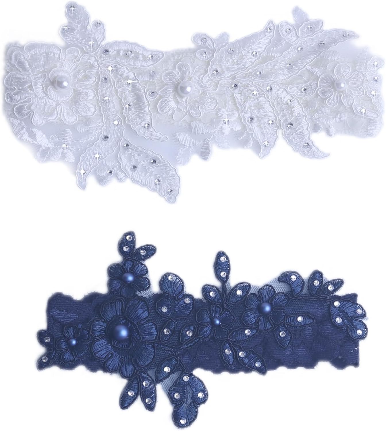 White and blue wedding garter set, bridal lace garters, something blue for brides