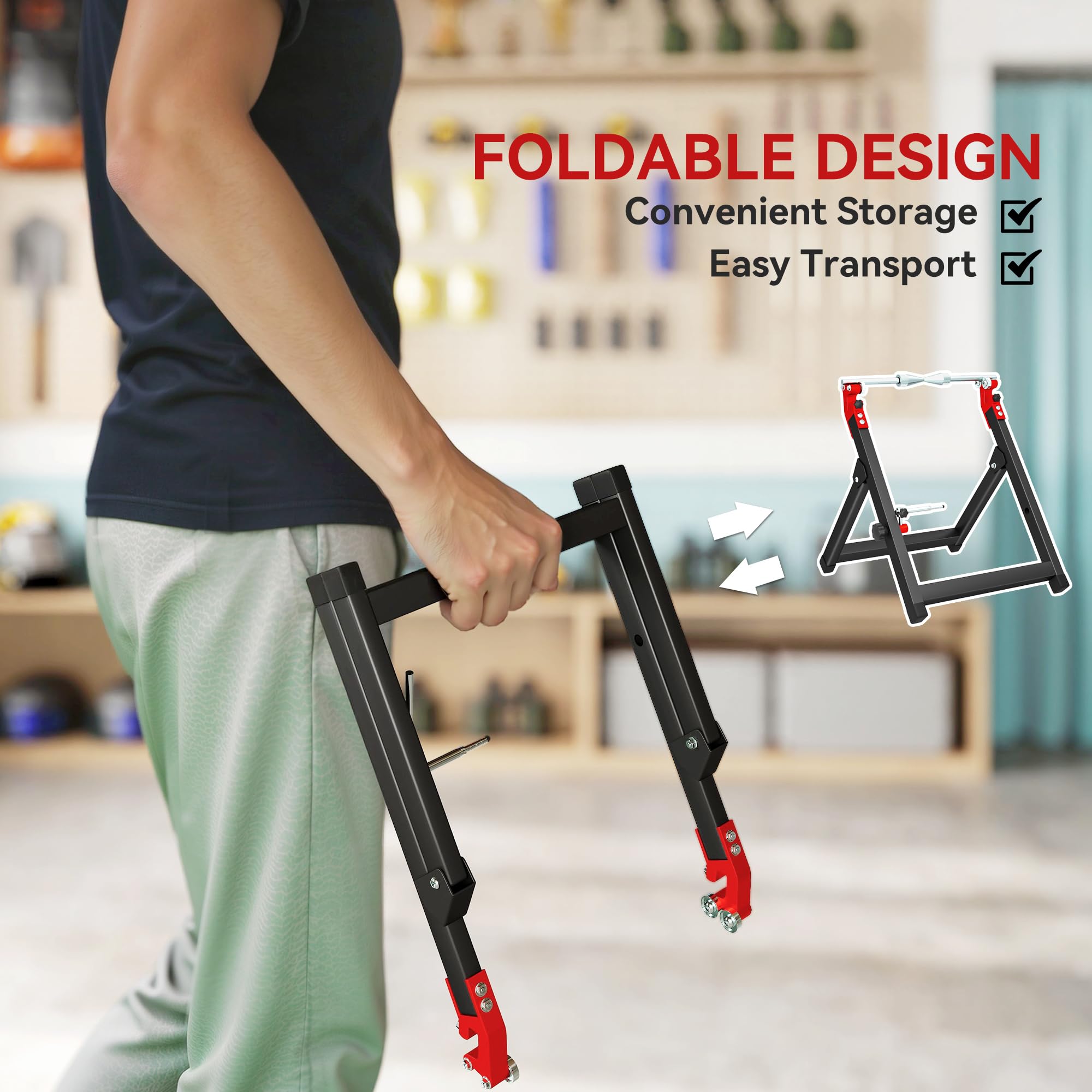 HOMCOM Soporte plegable de equilibrado de ruedas de moto, acero, Negro | Llave radios, soporte equilibrado acero, eje aluminio, para ruedas hasta 23 pulgadas diámetro, 5 pulgadas ancho
