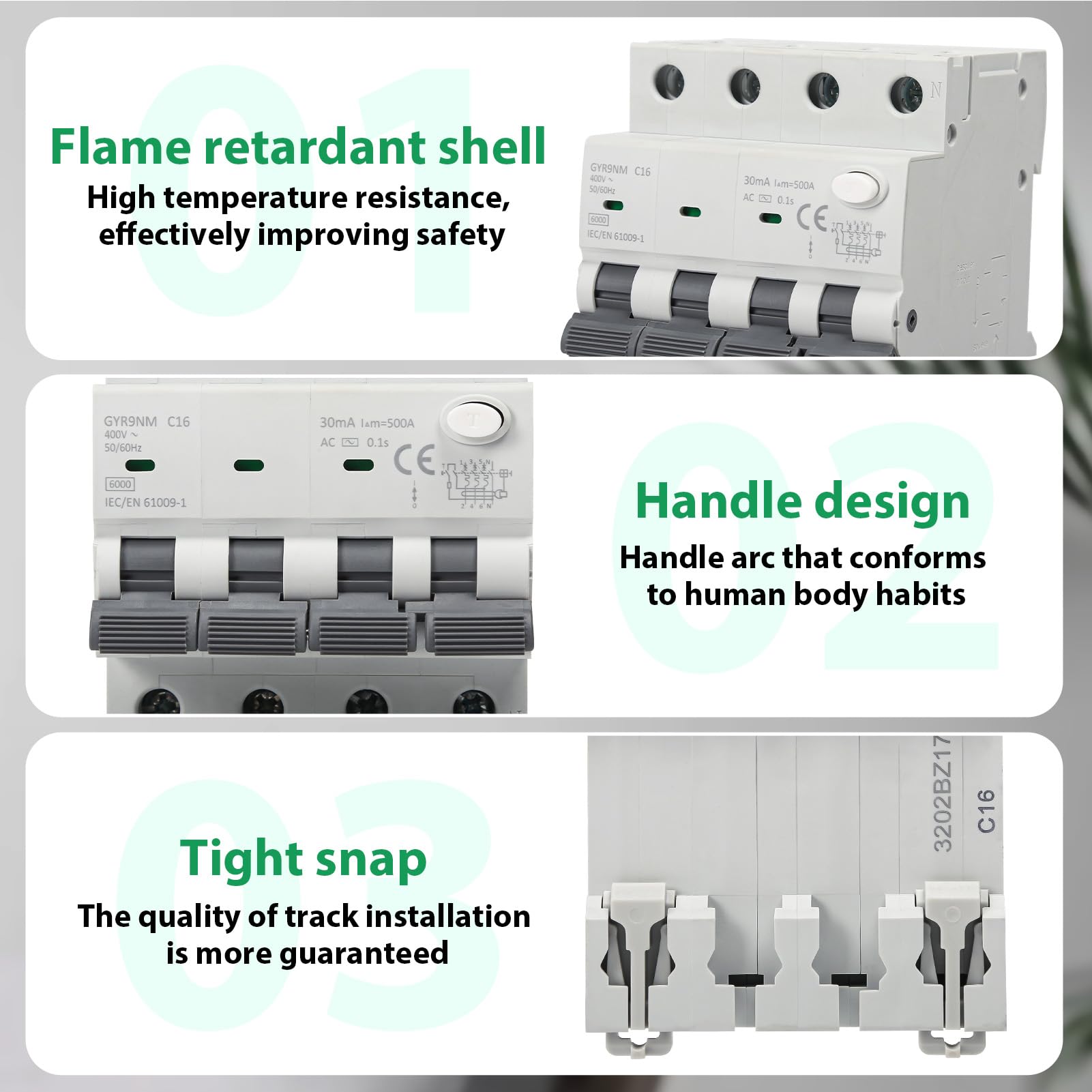 Fehlerstromschutzschalter Fi Schutzschalter 16A 30MA 3P+N Fi Schalter RCBO 6KA MCB Fehlerstrom Schutzschalter AC 400V mit Ableitstromschutz Überlast und Kurzschlussschutz, DIN Schienenmontage.