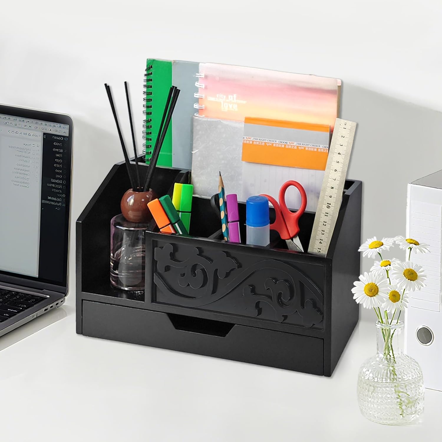 Black Wooden Mail Organizer with Drawer, Three Tiered Desk Accessories for Office Organization and Storage, Stylish Countertop Document Storage, Home/Office/Classroom Supplies (Black01)