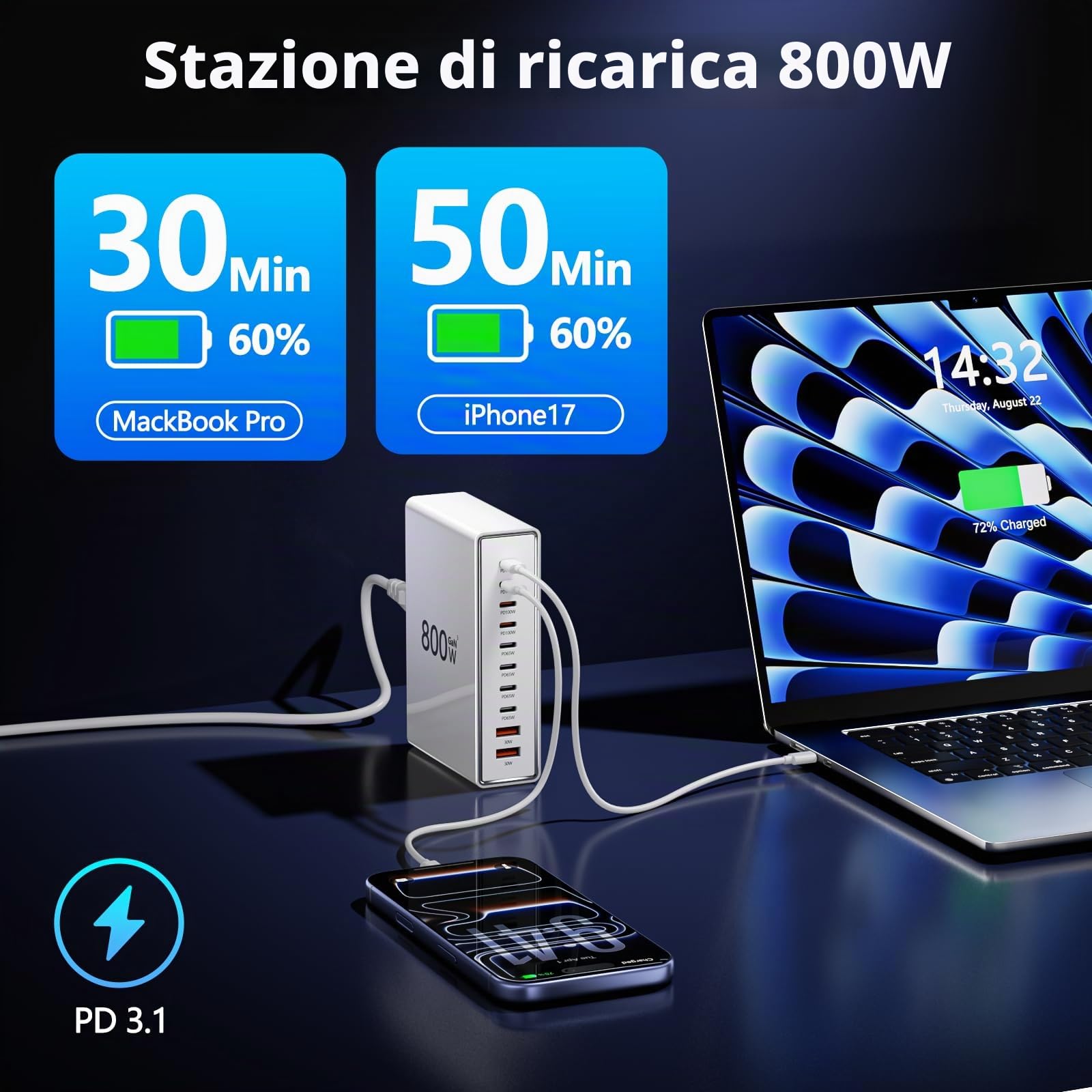 Stazione di ricarica multi-porta 800W USB‑C con doppio PD PPS, 8 porte USB‑C e 2 porte USB‑A, compatibile con MacBook Pro/Air, iPhone 16/15/14, Galaxy S25/S24/S23