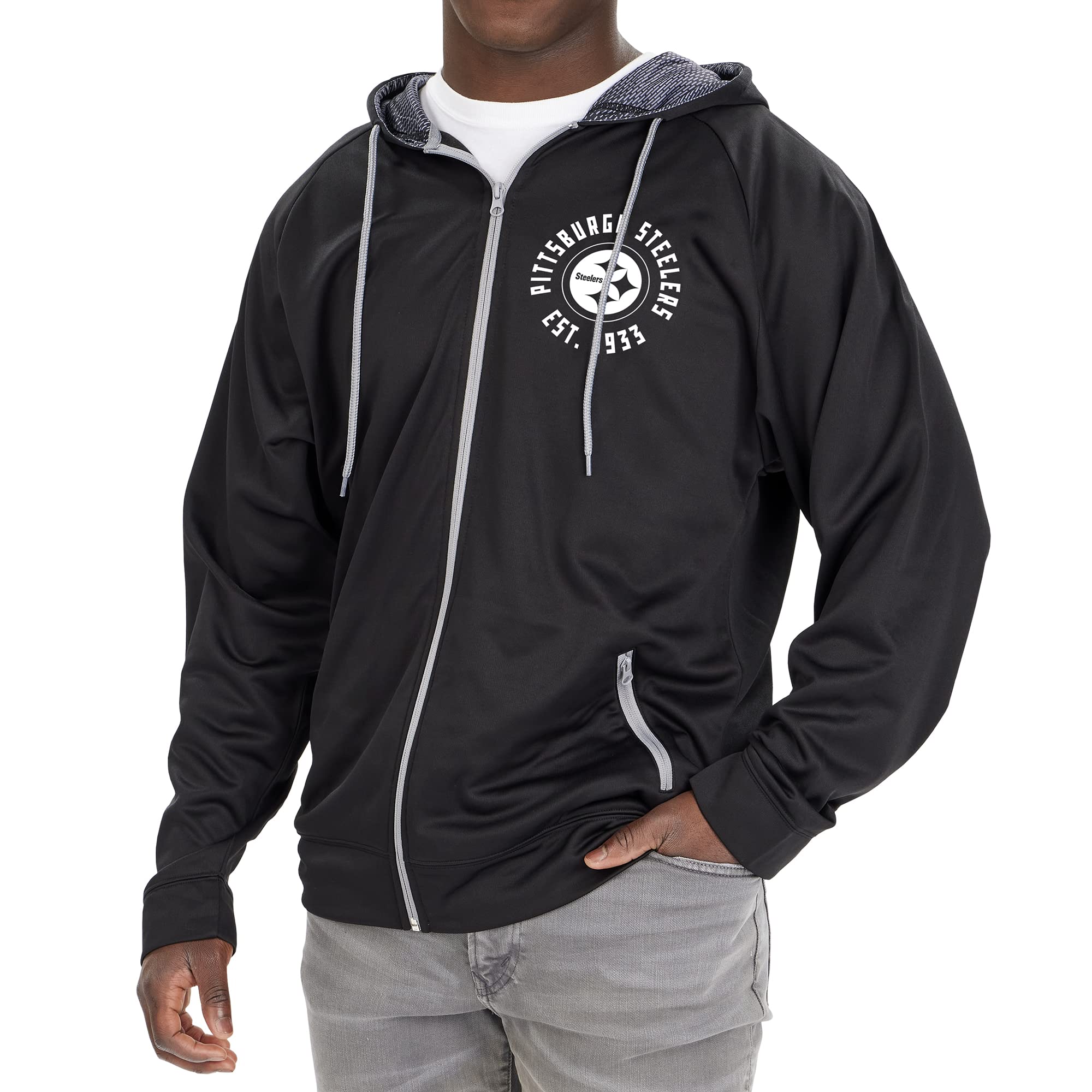 Zubaz Men's NFL Black Mono Full Zip Hoodie with Viper Print Details, Football Jacket, Pittsburgh Steelers, Large