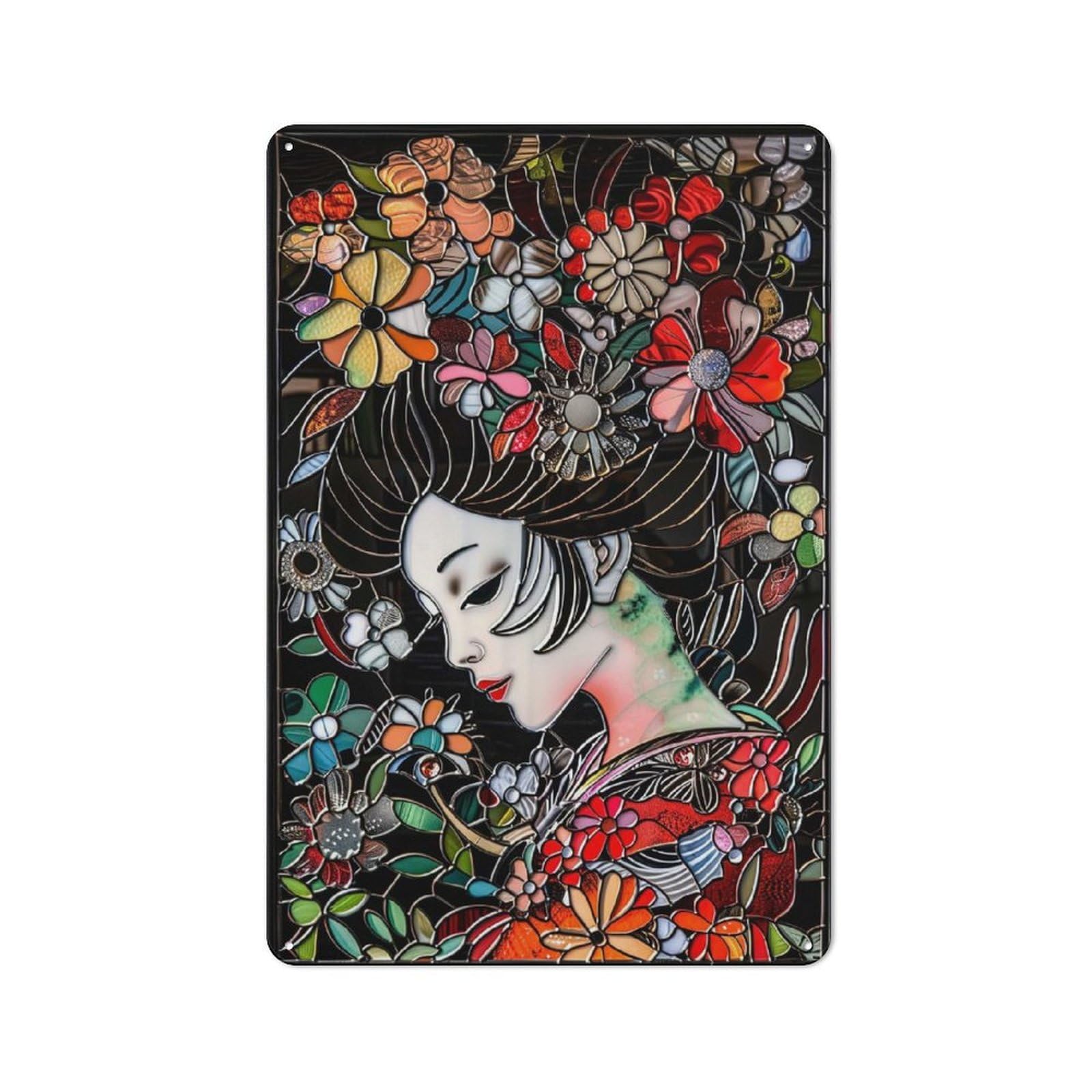 Junmoney Style-9 Retro Metal Wall Sign 30X20cm With Stained Glass Geisha For Hallway Wall, Suited To Hallway Decor Lovers
