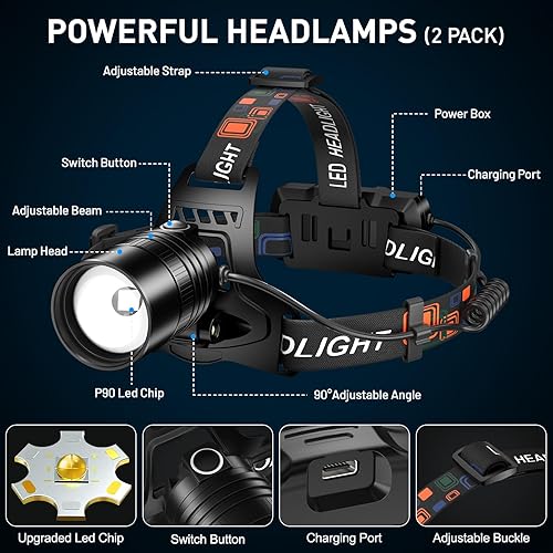 Miniatura 6 de Paquete de 2 faros LED recargables, 99000 lúmenes, lámpara de cabeza súper brillante con 3 modos y ajustable a 90, faro más brillante de 30 horas de