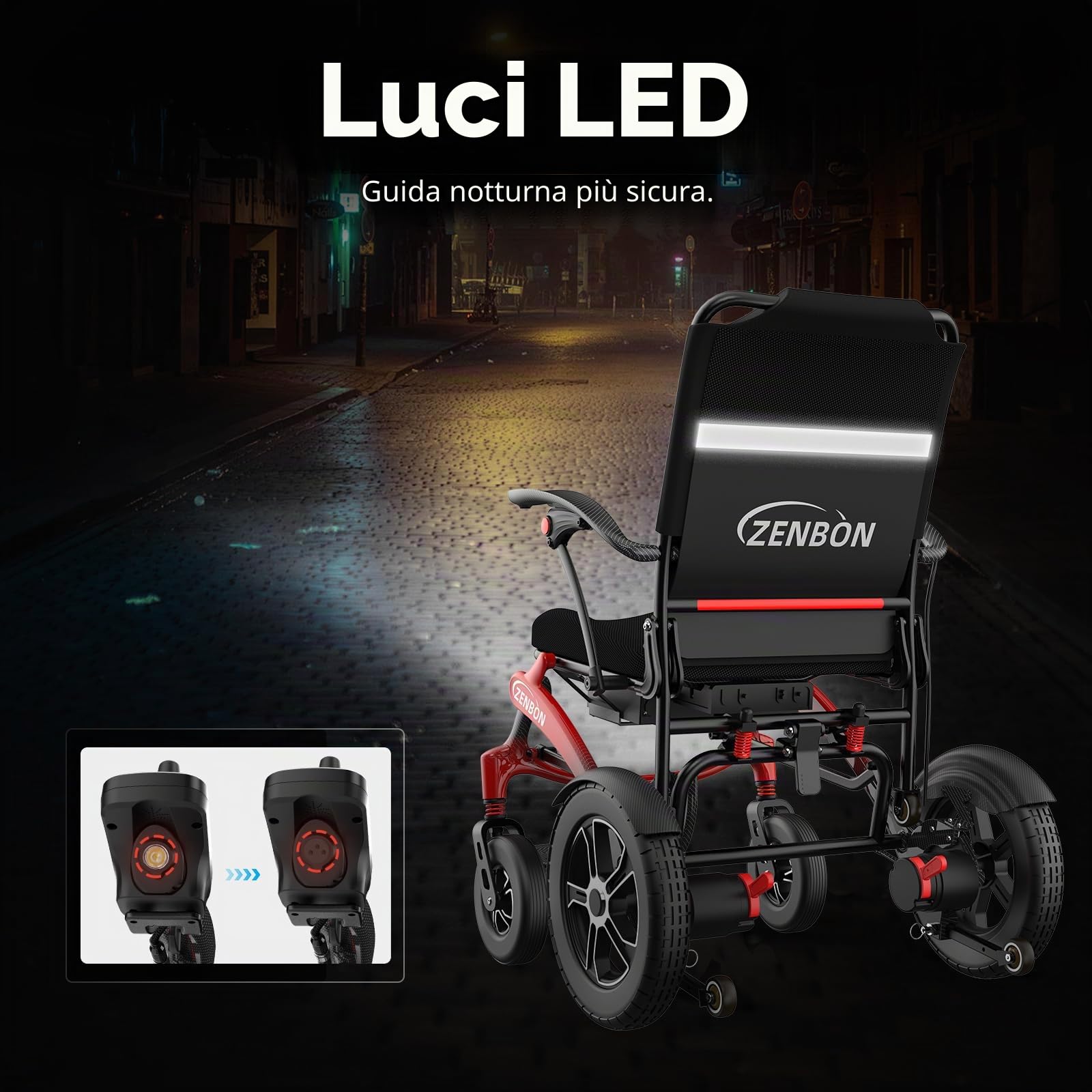 Sedia a rotelle elettrica in carbonio, pieghevole, 19,8 kg: Facile da ripiegare, con pneumatici grandi da 30 cm, per tutti i terreni, sedie a rotelle elettriche fino a 150 kg (rosso nero)