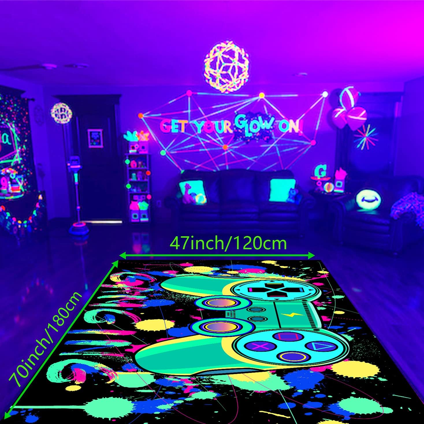 HOLAVIDA Blacklight Gaming Area Rug, Neon UV Reactive 3D Game Controller Carpet, Non-Slip Luminous Fluorescent Play Mat - Image 2