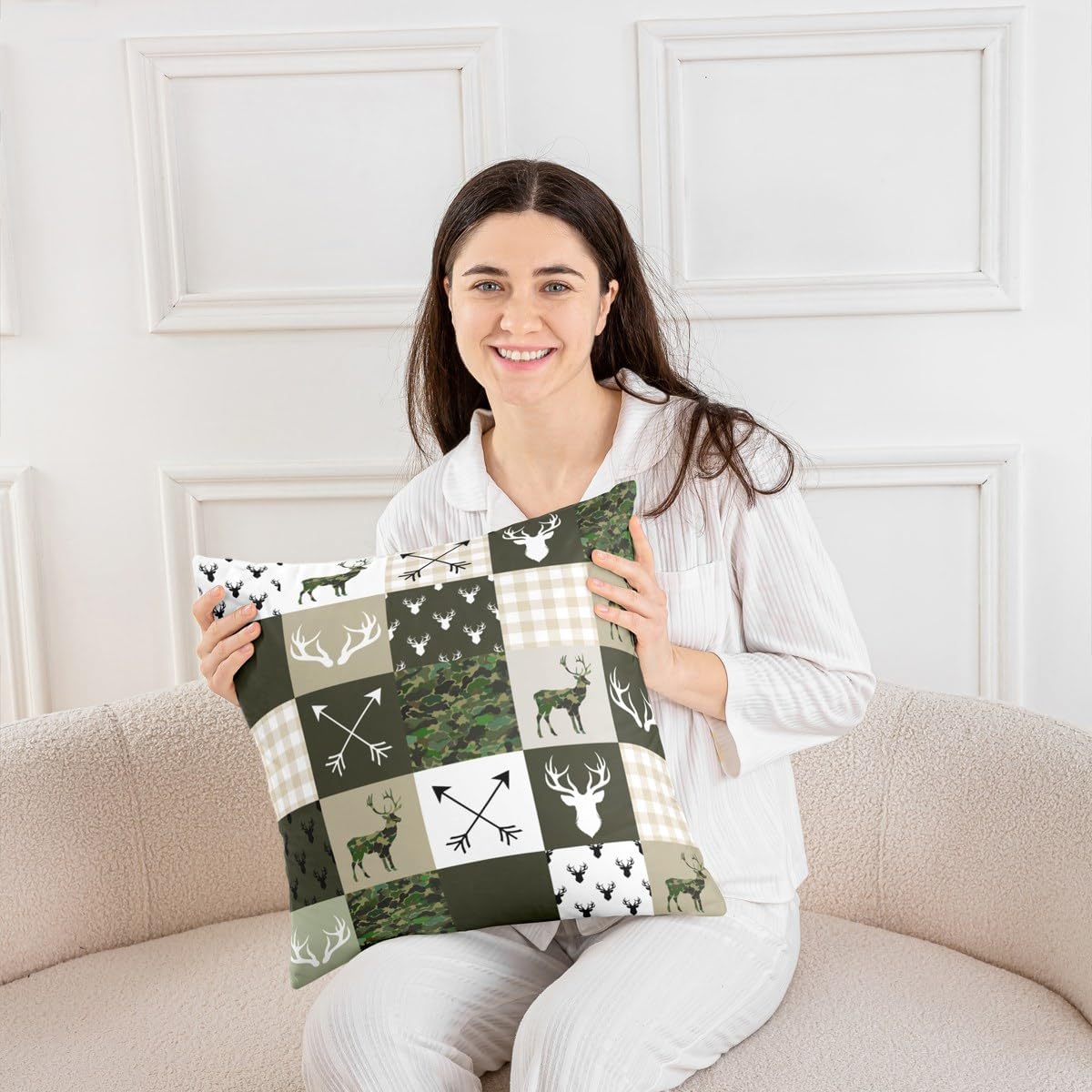 Green Camouflage Pillow Covers Deer Wild Animal Antlers Decor Pillow Cases for Boys Girls Adults Vintage Plaid Western Jungle Rustic Style Cushion Covers for Sofa Living Room 22x22 Inch Set of 2