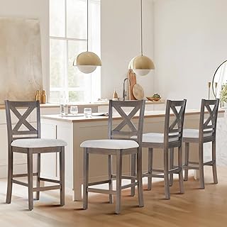 COLAMY Modern Upholstered Counter Height Bar Stools (Set of 4) with Cross Back and Wood Legs, Light Brown Wash