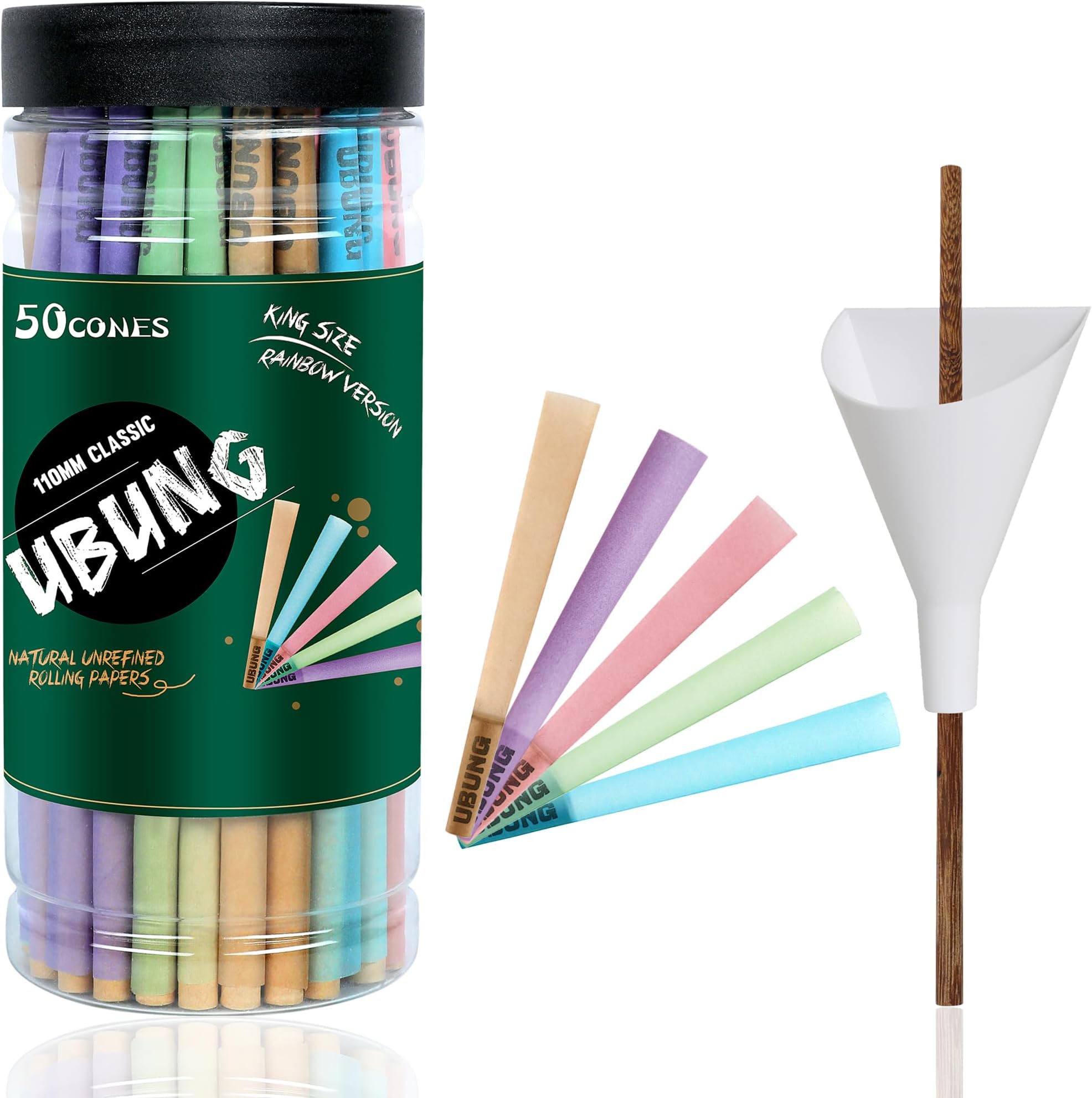 UBUNG Rainbow CONES, 50 Pack, King Size Colorful Pre Rolled Cones With Tips, Slow Type Rolling Paper, Length 4.25 in / 108 mm, Including 1 Cone Loader And 1 Push Rod