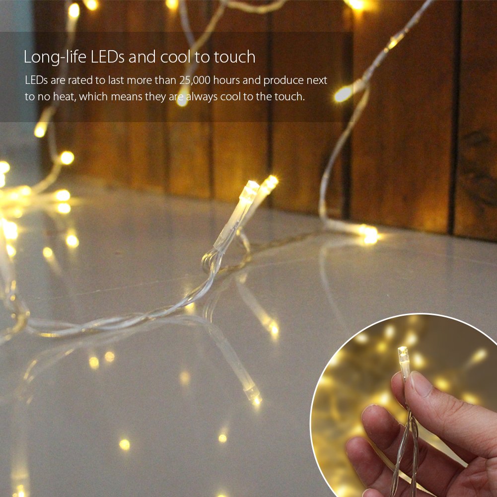 Megulla 32.8ft/10m Battery Fairy String Lights, Waterproof LED Rope Lights with Remote on 41ft Clear Wire for Outdoor, Bedrooms, Weddings, Christmas -Warm White