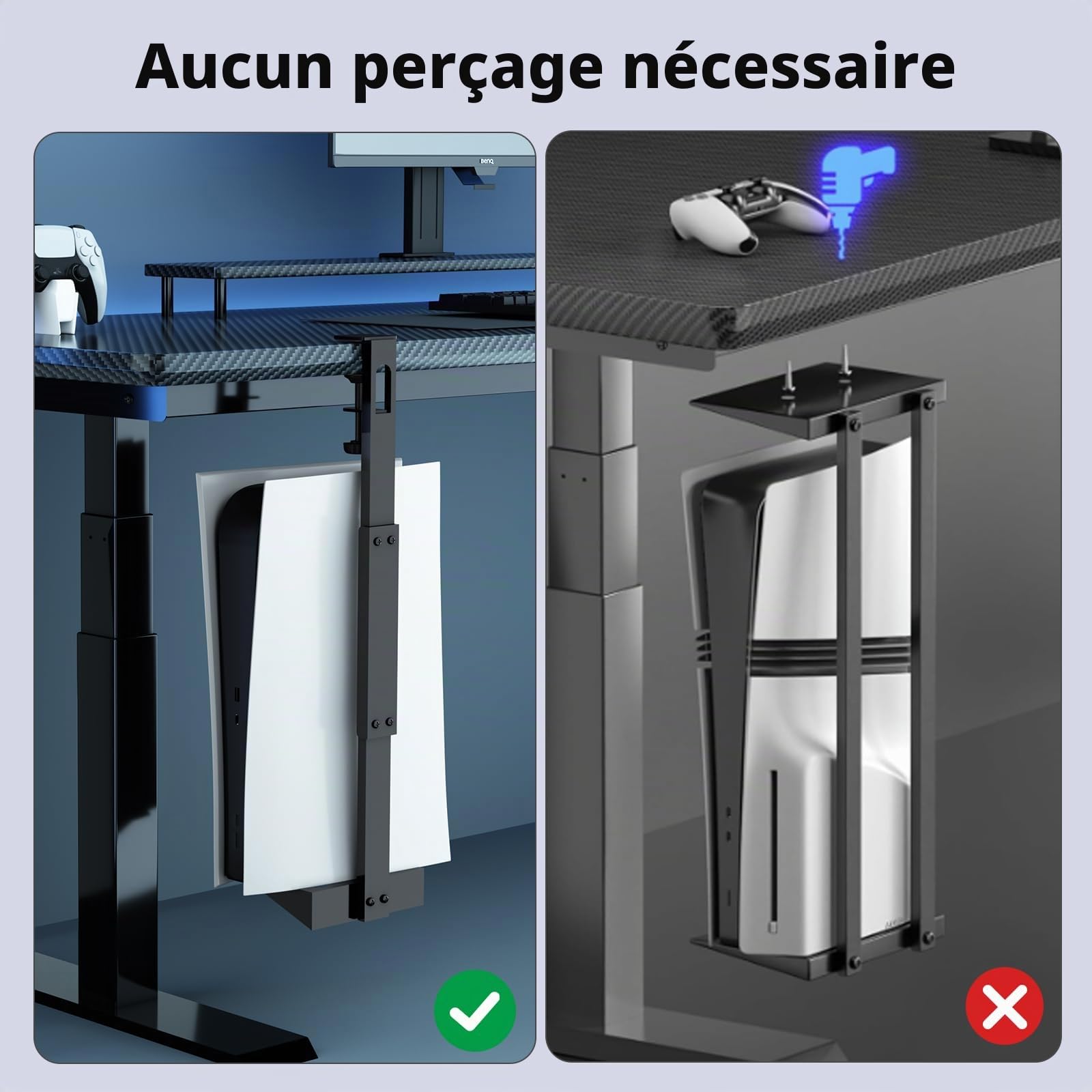 PS5 Support vertical sous bureau pour PS5/PS5 Slim/PS5 Pro, kit de rangement sous bureau en métal sans perçage, compatible avec console PS5/PS5 Slim, édition disque et numérique