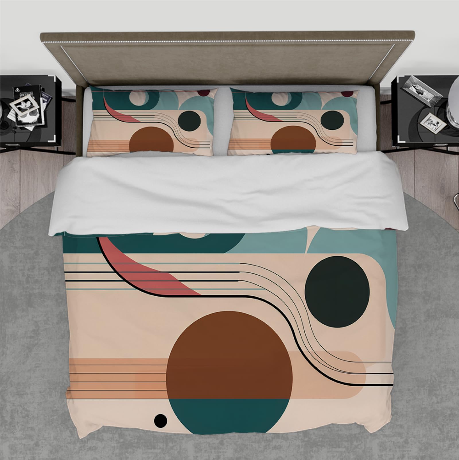 Geometryczny turkusowy zestaw pościeli w stylu retro Pojedynczy jasnobrązowy 70. Paleta Neutralne kolory Geometryczny wzór Poszwa na kołdrę 3 sztuki 260x240cm