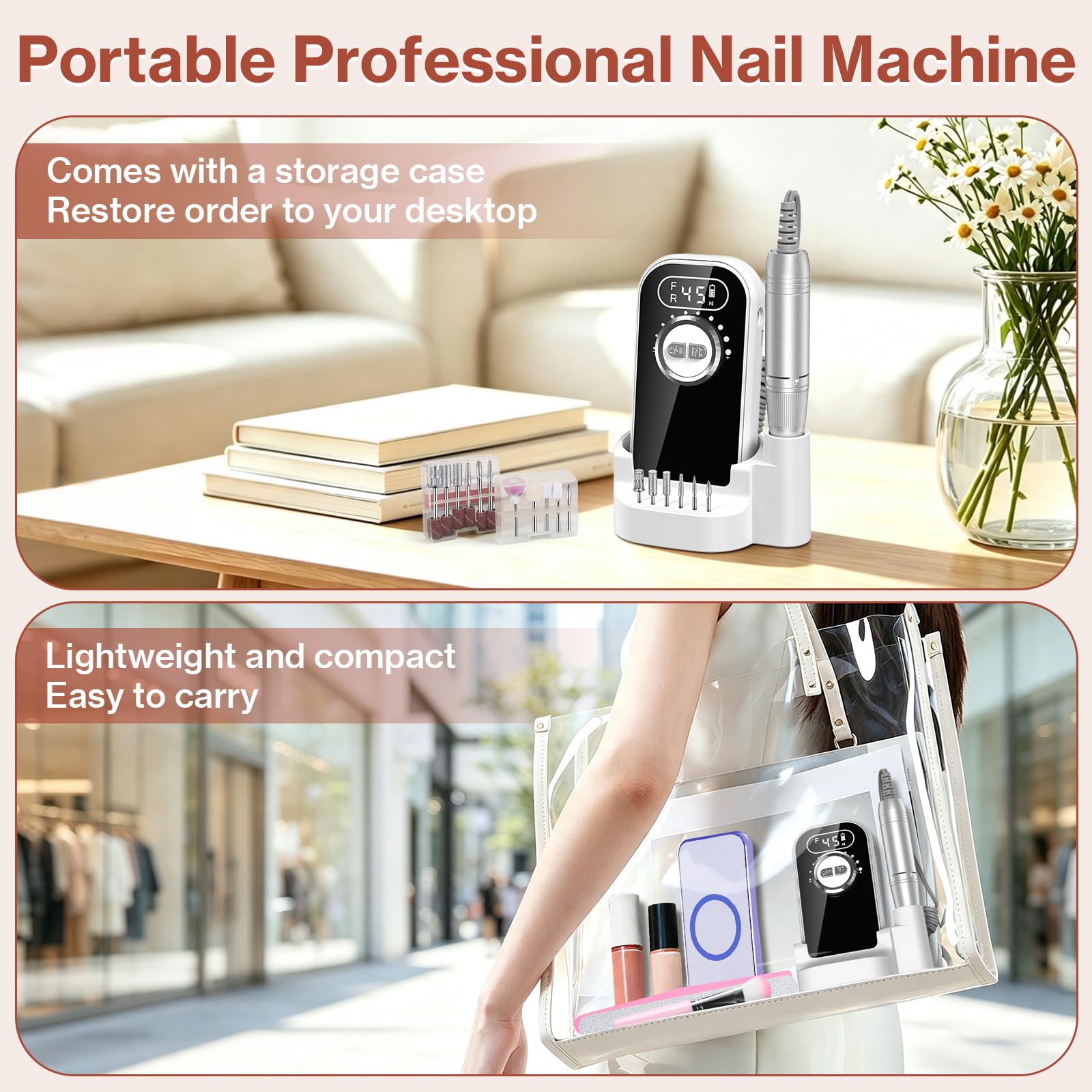 Trapano per unghie 45000 giri/min, lima elettrica per unghie in gel acrilico, set di lime portatile, trapano ricaricabile per manicure per uso domestico e salone, bianco