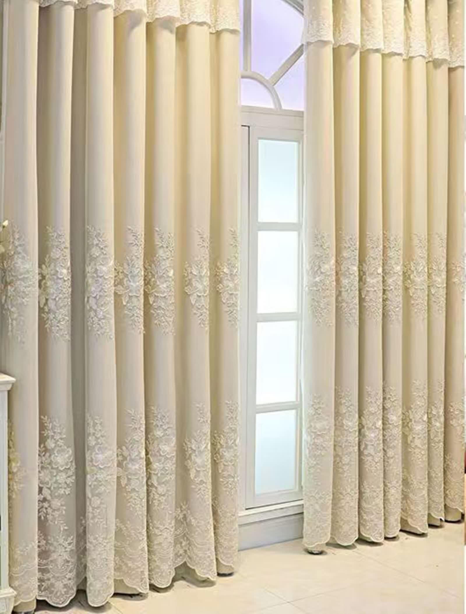Rideau cuisine occultant double couche et dentelle beige